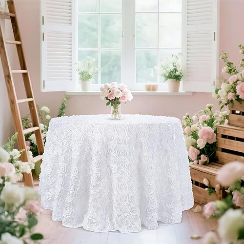 Miniatura 7 de QueenDream Mantel redondo blanco con roseta de boda de 60 pulgadas para mesa de novia, baby shower, fiestas, decoración de mesa de comedor