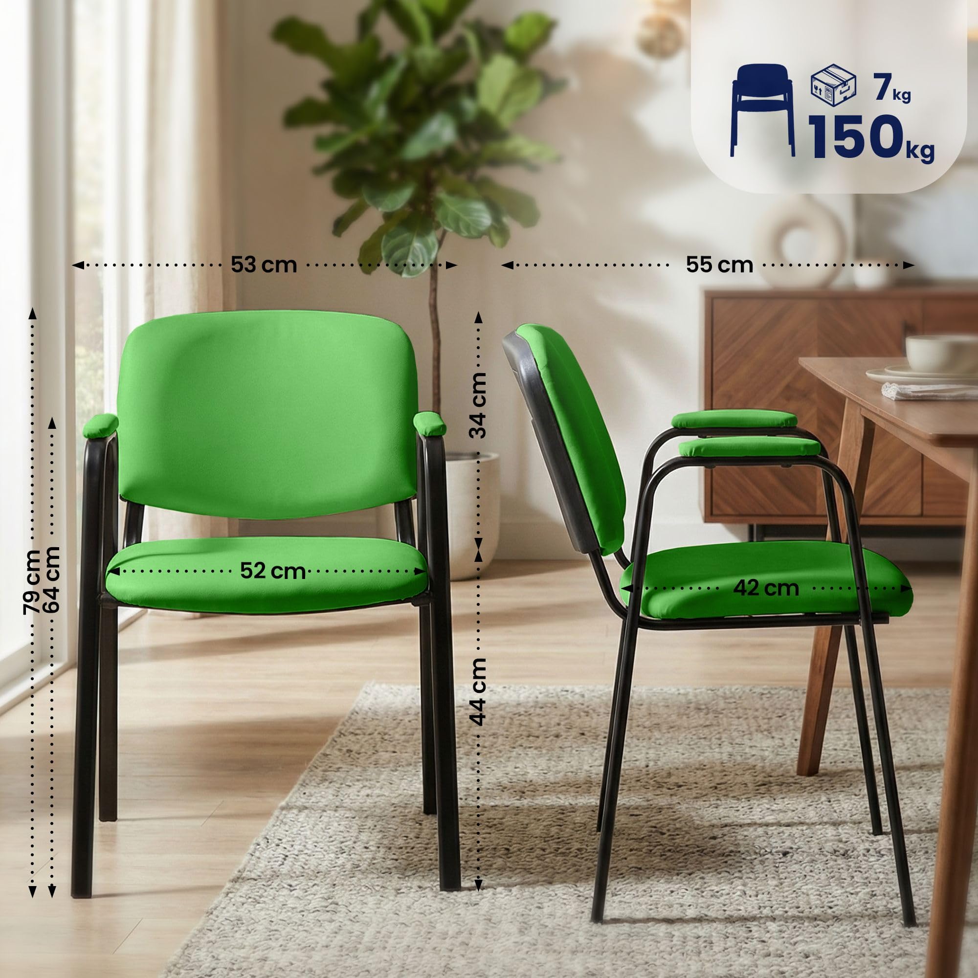 CLP Set 4 Sedie Impilabili Ken Pro con Braccioli Imbottiti, Sedie da Conferenza in Ecopelle, Telaio Metallo Nero, Robuste fino a 150 kg, Colore:verde