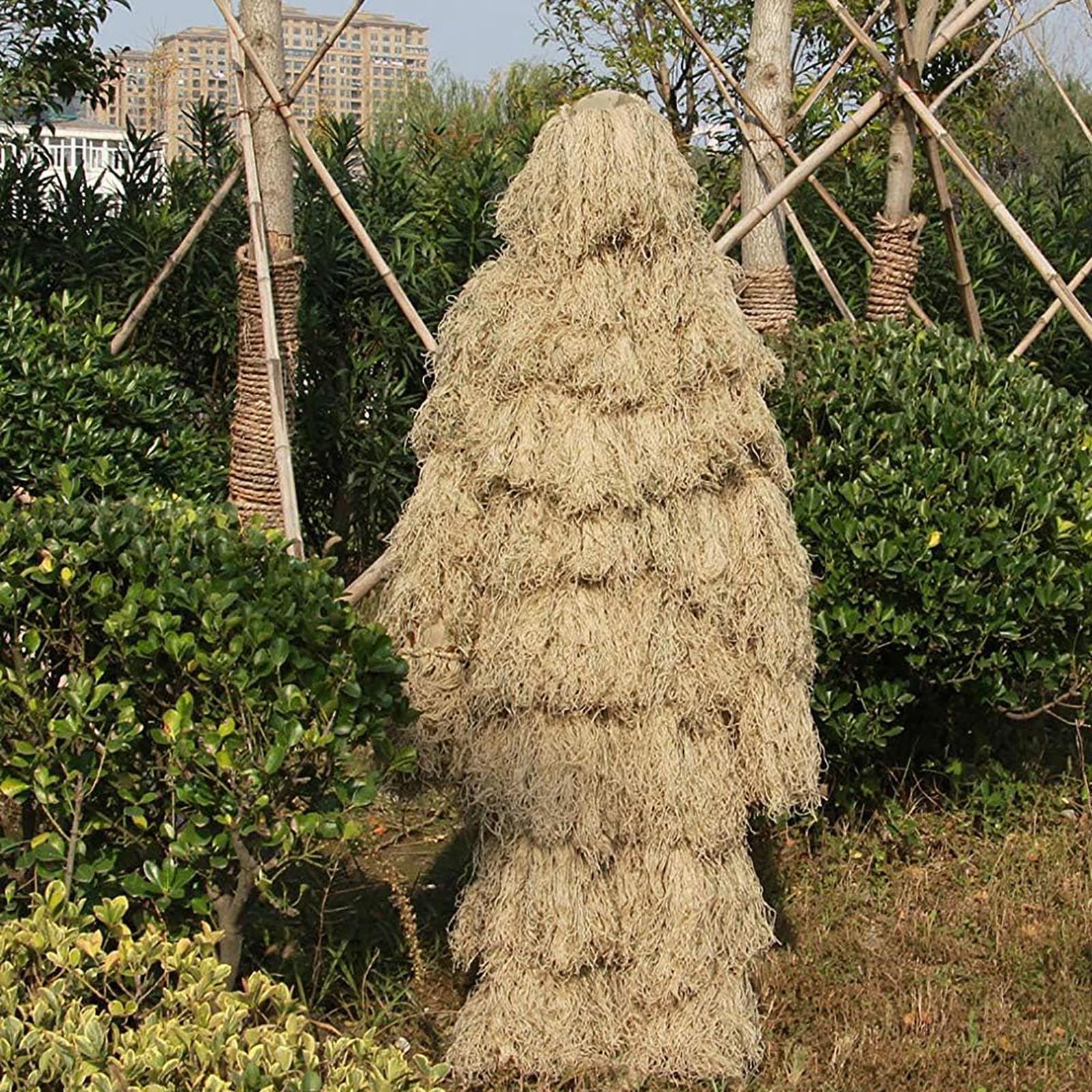 5-Teilige 3D Ghillie Suit Camouflage Jagdbekleidung Tarnanzug Herren Einschließlich Jacke,Hose,Kapuze,Tragetasche Jäger Kostüm für Paintball, Halloween-Kostüm,DryGrass-Adults