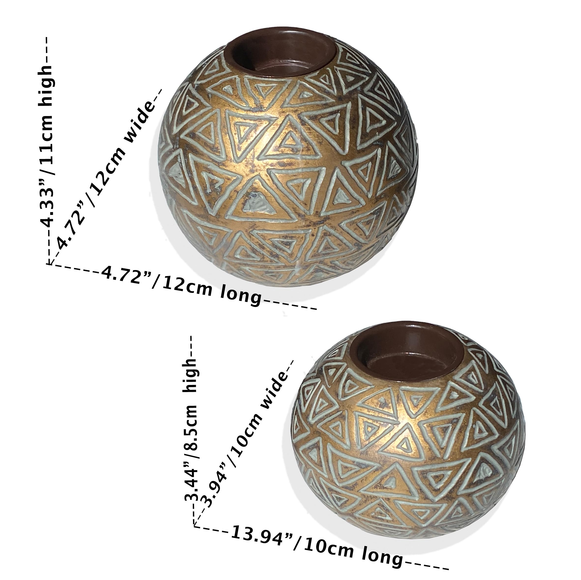 Aurum Gold Orb Teelichthalter – (Geschenkbox, 2er-Set) Couchtischdekoration (rustisches Dreieck-Muster, Gold und Grau)