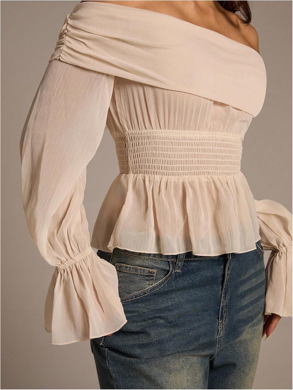 OYOANGLE Women's Off The Shoulder Bishop Blouse Long Sleeve Chiffon Shirred Ruffle Peplum Top - Image 4