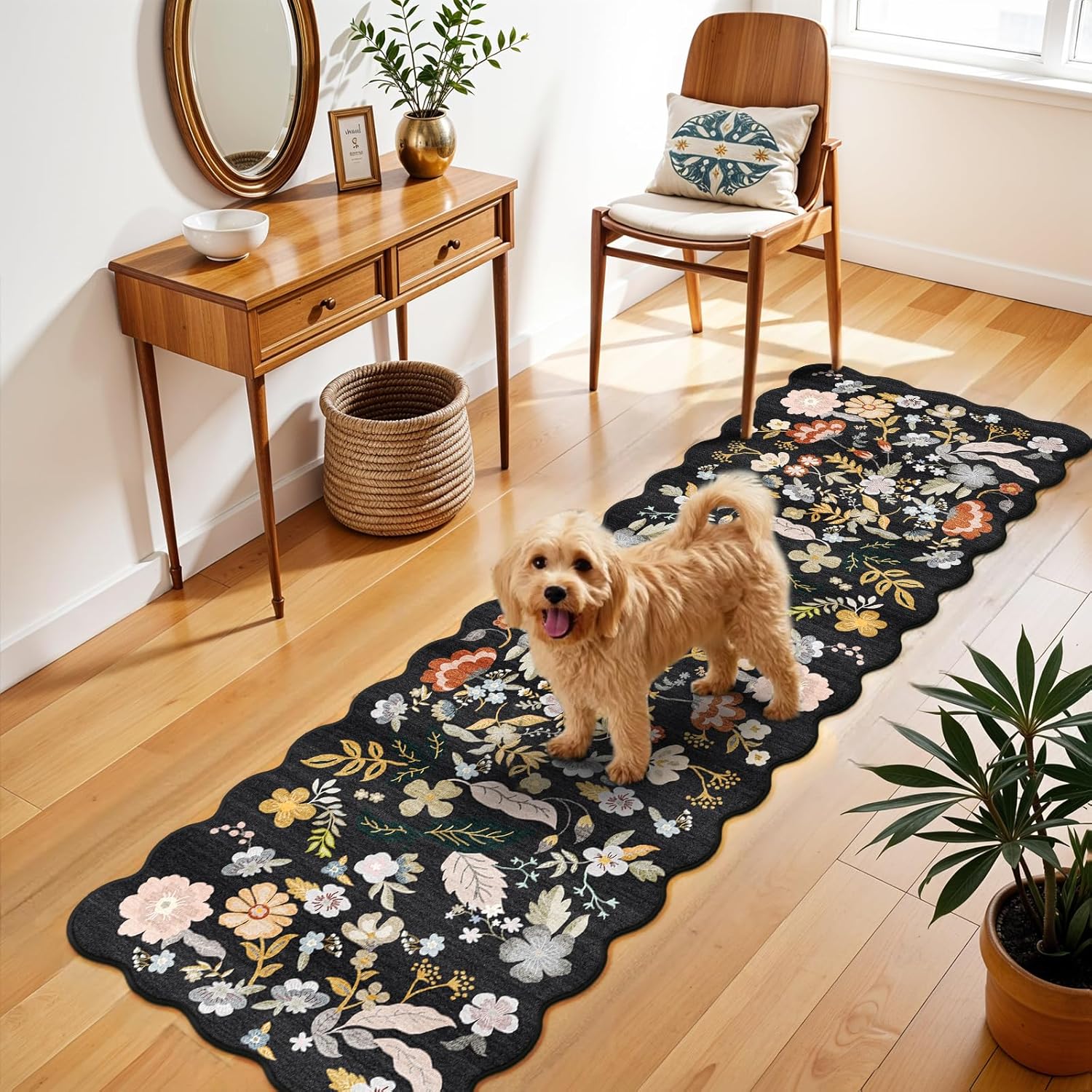 2x6 Scalloped Hallway Runner Rug – Non-Slip Washable Boho Floral Carpet Runner for Kitchen, Entryway, Bedroom & Bathroom – Soft Low-Pile Thin Floor Mat with Rubber Backing (Black, 2x6) Black 2' x 6' (Runner)