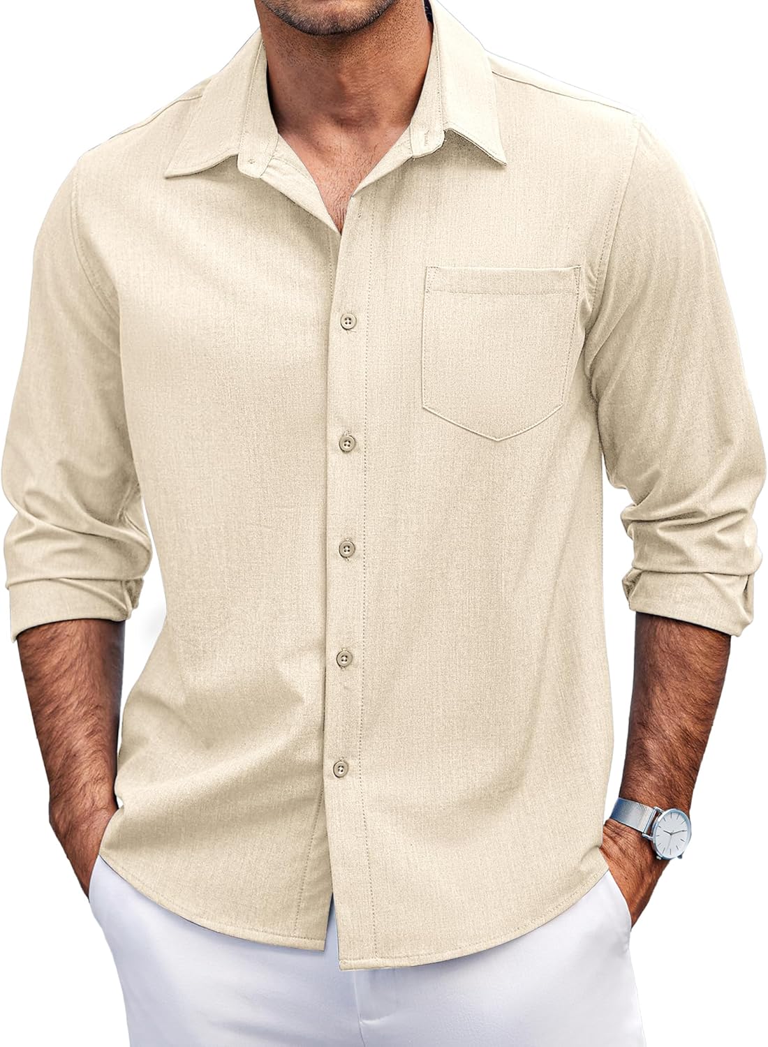 COOFANDY Men's Casual Button Down Shirts Long Sleeve Untucked Shirts Regular Fit Linen Shirt