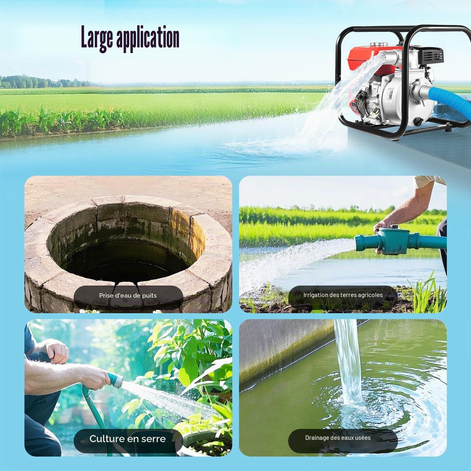 7,5 CV Pompe à Eau Thermique Eaux Usées Motopompe 4 Temps Essence | 26 m³/h, Hauteur de Refoulement 30 m, Raccord 50 mm (2″), pour Drainage, Irrigation, Lavage et Arrosage