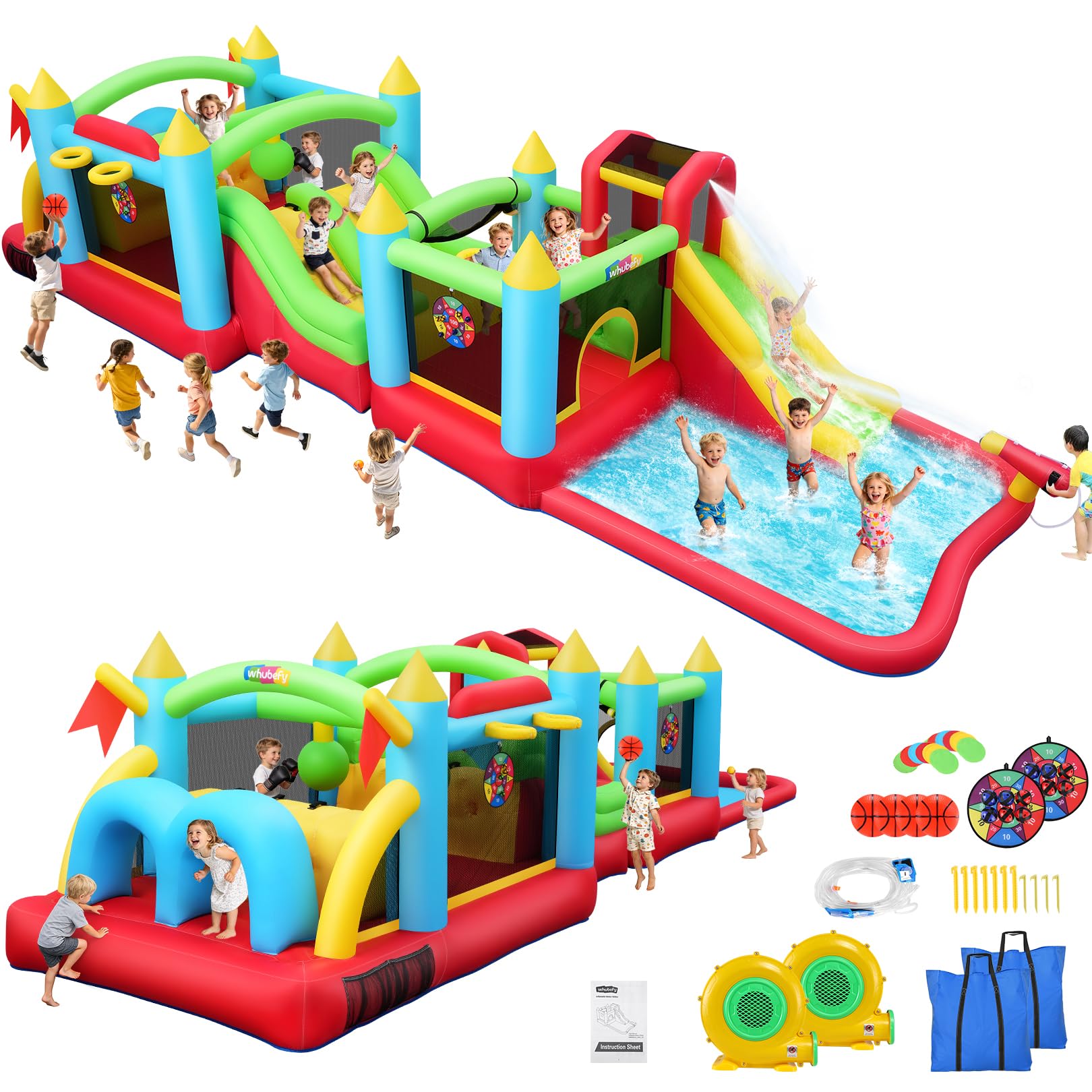 Castello gonfiabile per bambini con scivolo d'acqua da 3 a 12 anni, set combinato gonfiabile per ostacoli e scivolo d'acqua, castello gonfiabile per interni ed esterni (combo gonfiabile collegabile)