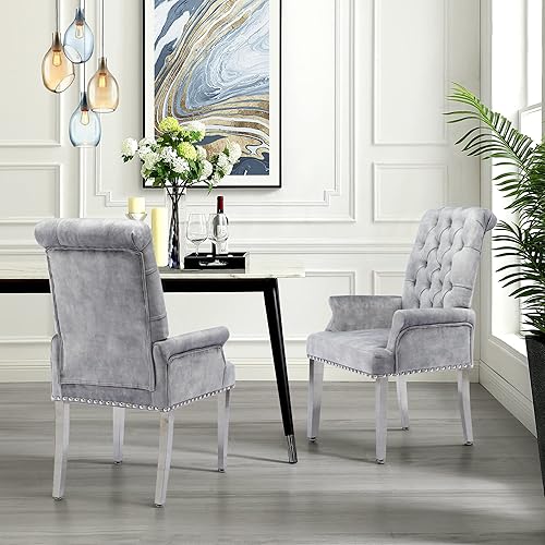 Miniatura 9 de LOULENS Lujosas sillas de comedor de terciopelo, modernas sillas de comedor tapizadas copetudas, reposabrazos con patas de acero inoxidable para