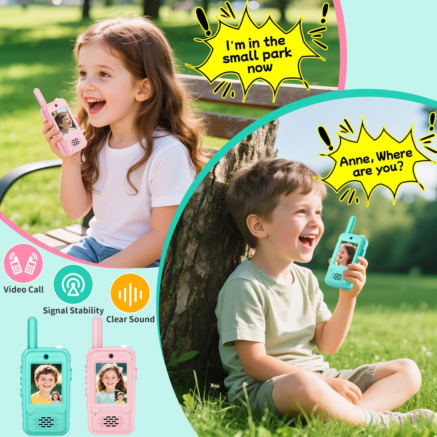 Video Walkie Talkies for Kids, 2 Pack Rechargeable Kids Walkie Talkies Long Range with Flashlight Outdoor Christmas Birthday Toddler Toys Gifts for 3-12 Year Old Boys Girls for Outside, Camping Travel - Image 2