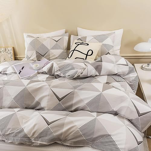 Miniatura 5 de ECOCOTT Juego de funda de edredón a cuadros tamaño Queen  Juego de funda de edredón a rayas geométricas súper suave con cierre de cremallera 4 lazos