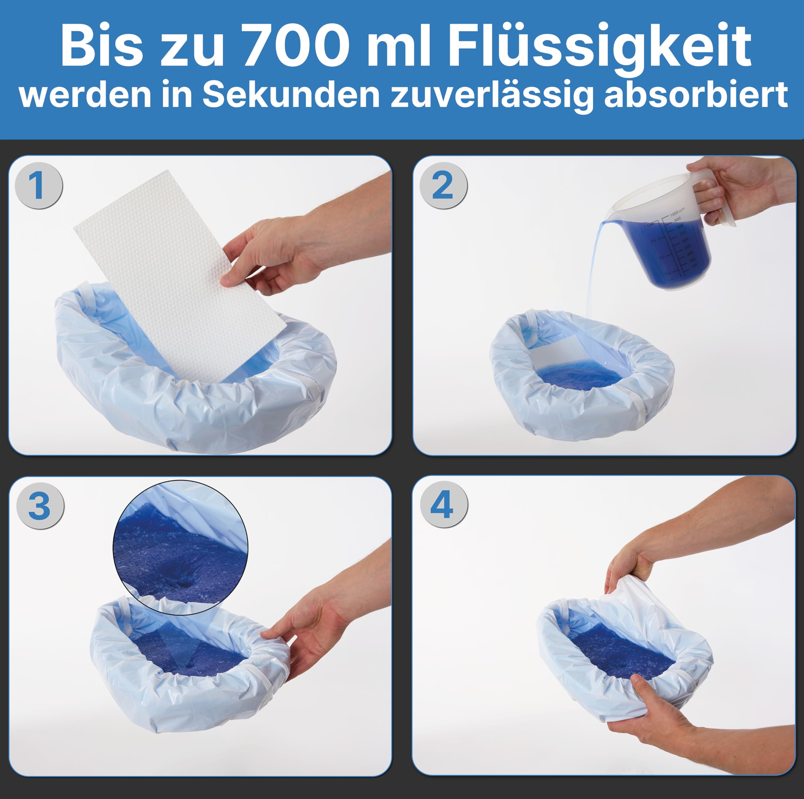 50er Set dichte Toilettenbeutel und saugstarke Einlagen, inkl. 50 Paar Handschuhe, reißfest und auslaufsicher, hygienisch und geruchsbindend ideal für Bettpfanne, Toilettenstuhl und Camping