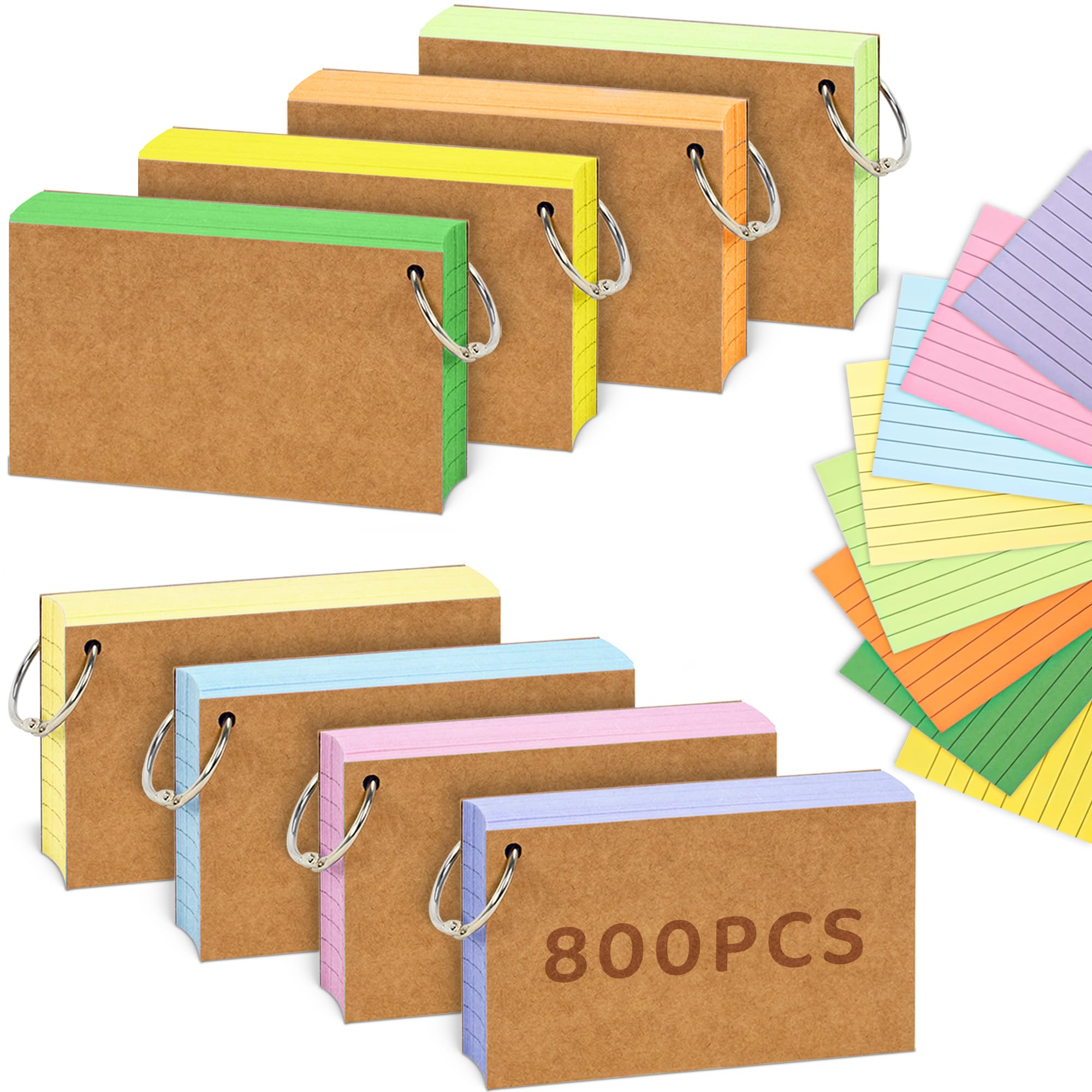 A7 Flash Card, 8 Pack 800 Pcs Revision Cards Index Cards Ruled Flashcards Multicolor Kraft Paper Notecards Cue Cards with 9 Metal Binder Rings for Office School Home Study Record