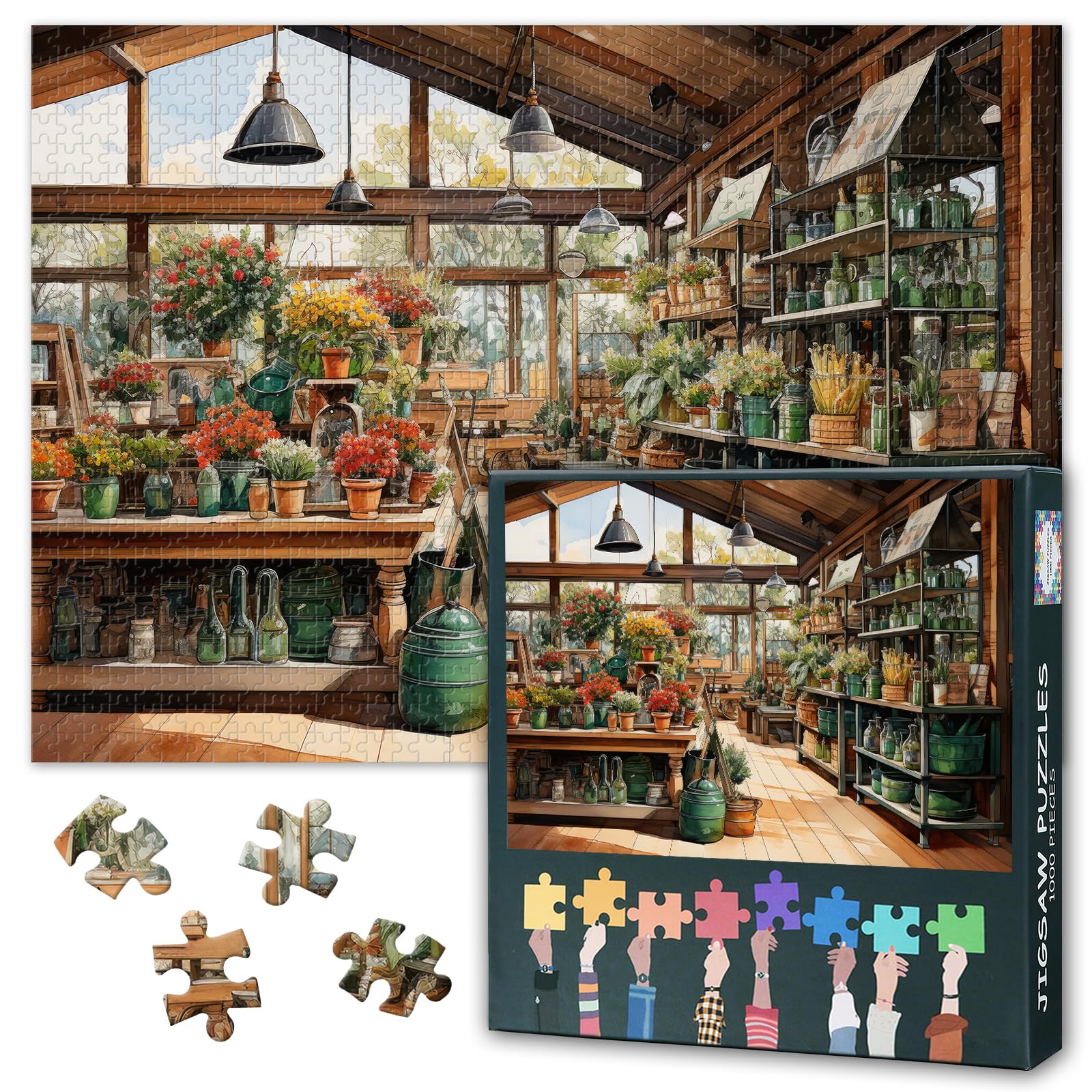 1000 Piece Jigsaw Puzzle for Adults Charming Flower Shop Filled with Plants in Pots Jigsaw Puzzles Cozy Florist Scene Paper Puzzles 50.5x70.5cm