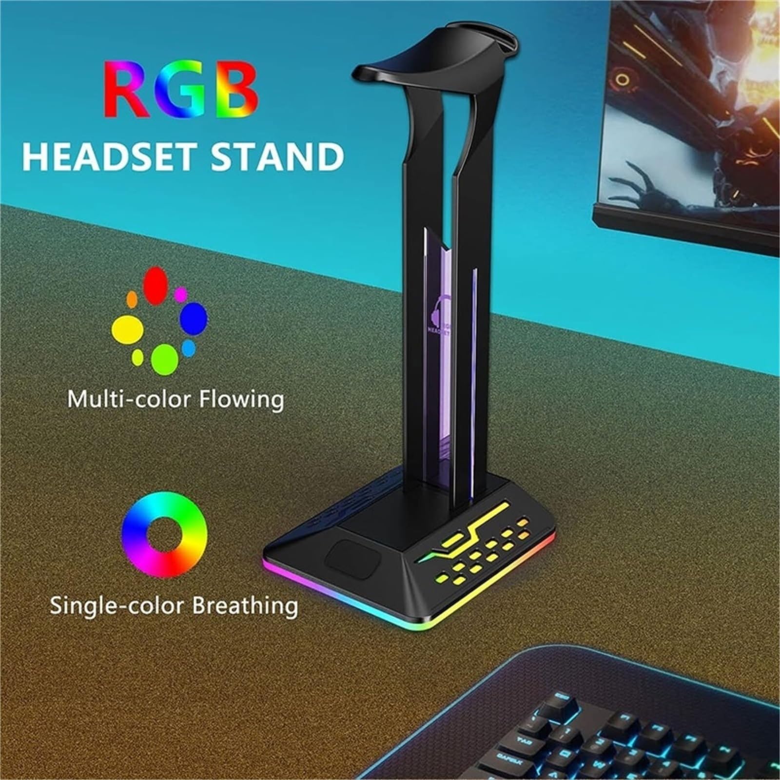 Soporte for Auriculares RGB for Juegos con 2 Puertos de Carga USB y 7 Modos iluminación(C)