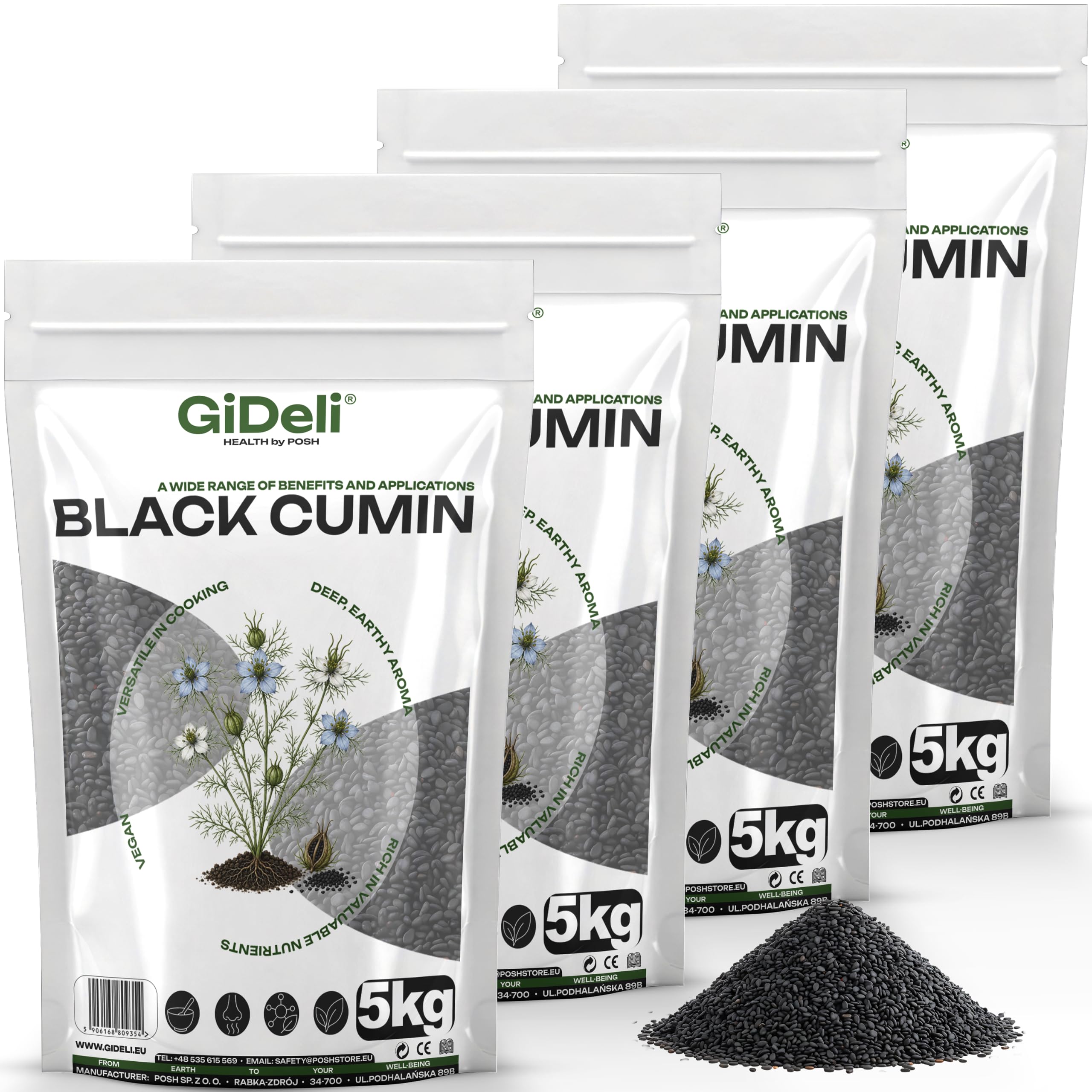 GiDeli Semillas de Comino Negro 4x5kg - Auténtica Nigella Sativa Entera - Aroma Profundo y Terroso - Semillas Frescas Veganas para Pan, Ensaladas, Yogur e Infusión