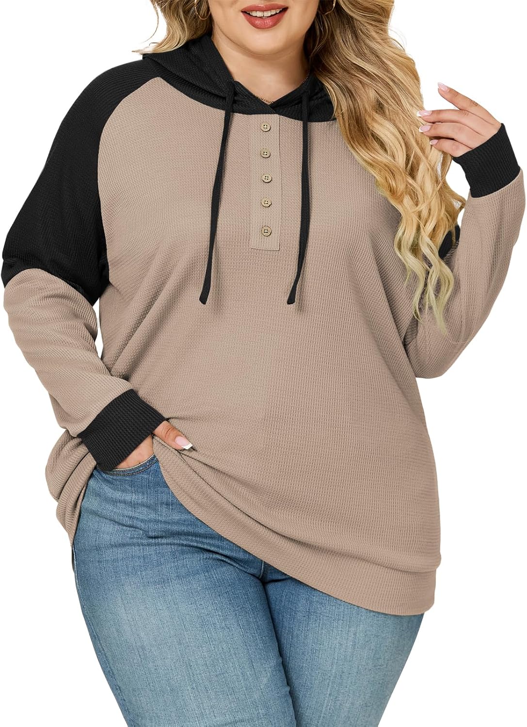 VISLILY Plus-Size-Hoodies for Women Trendy Color Block Tops Raglan Long Sleeve Drawstring Button Hooded Waffle Sweatshirts - Image 4