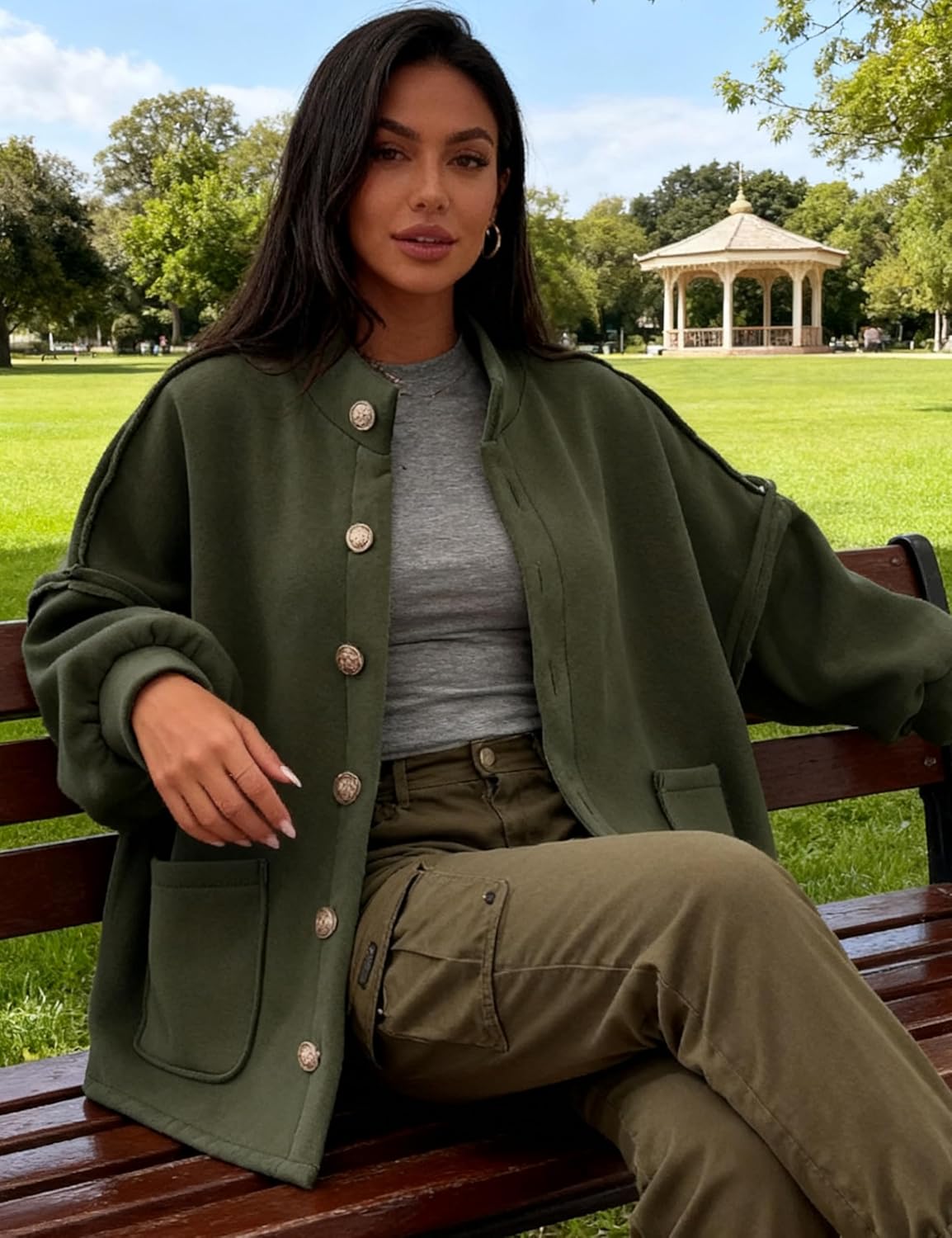 Faleave Women's Oversized Button Down Jacket Lantern Long Sleeve Coat Fall Winter Mock Neck Casual Outerwear with Pockets - Image 2