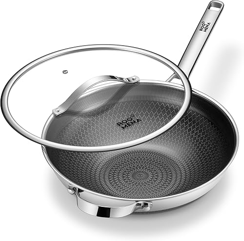 Sartén wok con tapa, cerámica híbrida de 13 pulgadas, woks y sartenes para saltear de acero inoxidable de tres capas, antiadherente, no tóxico,