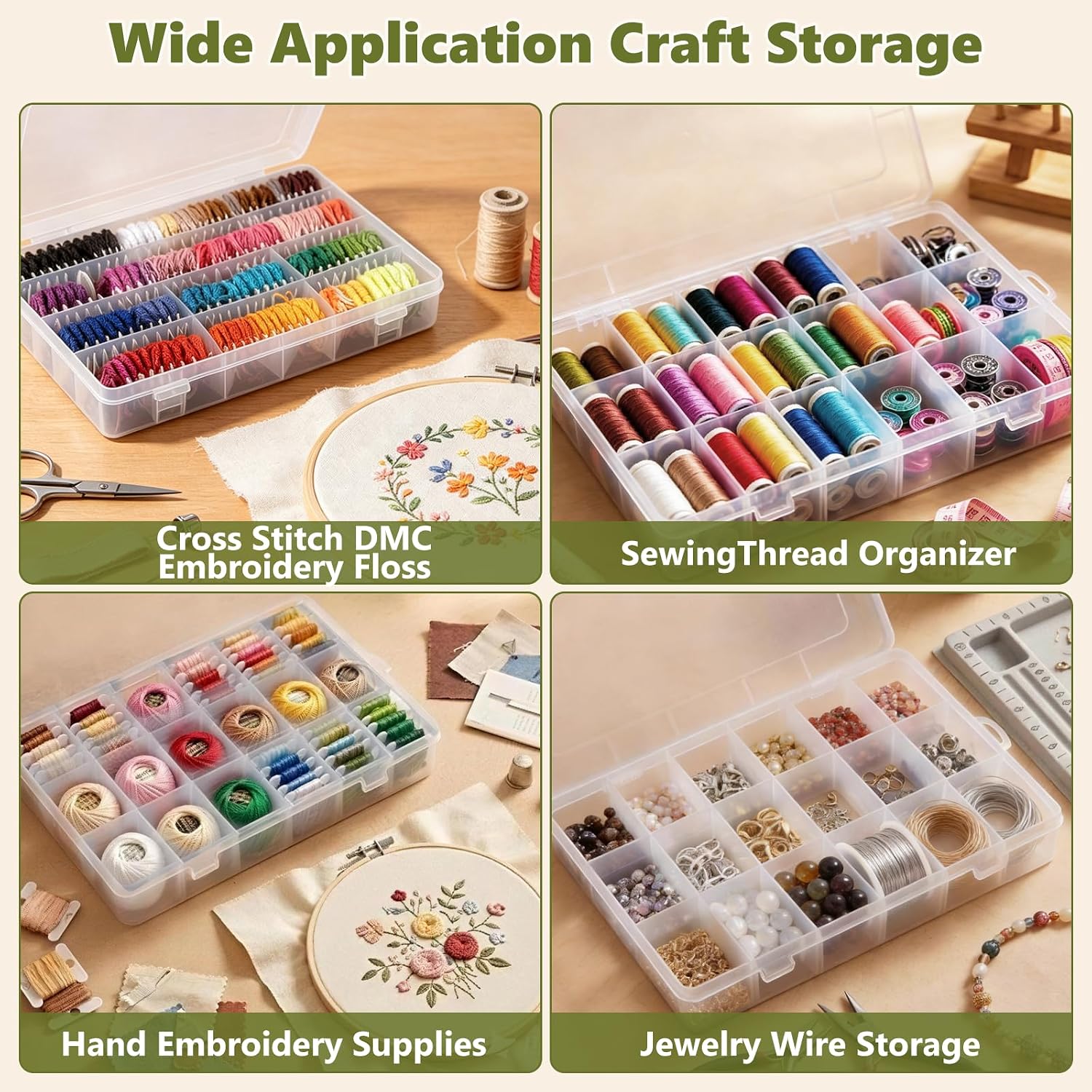 Embroidery Floss Organizer Compatible with DMC Thread, Clear 36-Grid Storage Box with Removable Dividers, Thick Plastic Cross Stitch Thread Organizer for Craft Sewing Supplies