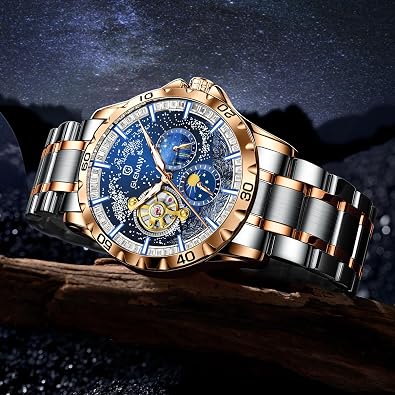Men's Automatic Watch, Men's Starry Sky Watch Stainless Steel Strap Skeleton Self-Winding Mechanical Watch Sun, Moon and Stars Watch, Ideal Choice for Gifts, Blue