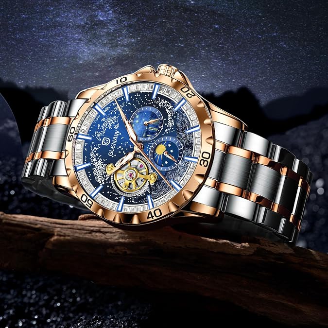 Men's Automatic Watch, Men's Starry Sky Watch Stainless Steel Strap Skeleton Self-Winding Mechanical Watch Sun, Moon and Stars Watch, Ideal Choice for Gifts, Blue
