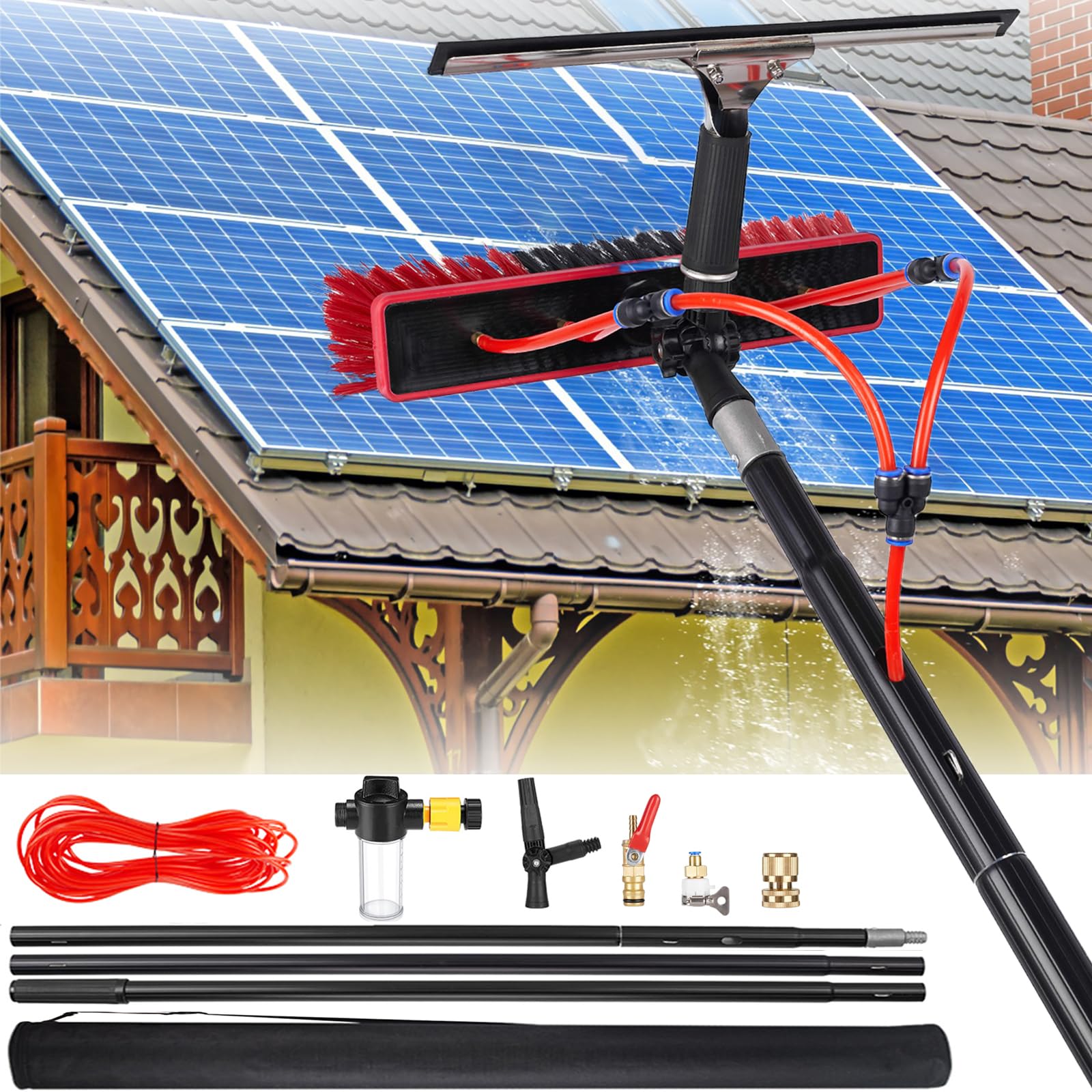 Solar Panel Cleaning Brush, 18m Extendable Pole Washing Kit, with Water-fed Brush, Squeegee, Soap Dispenser & 20m Hose, Cleaner for Windows, Roofs & Cars, 55cm Brush