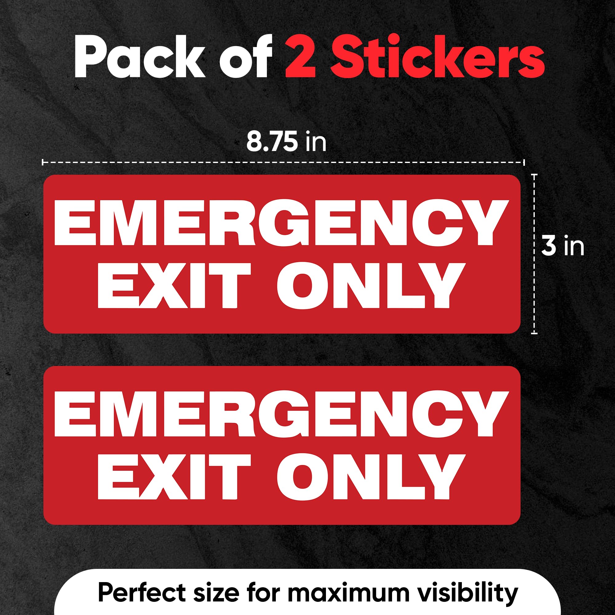 Pegatinas de señal de salida de emergencia (paquete de 2), 8.75 x 3 pulgadas, adhesivo fuerte, duradero, impermeable, para puertas y paredes, perfecto para señalización de salida de