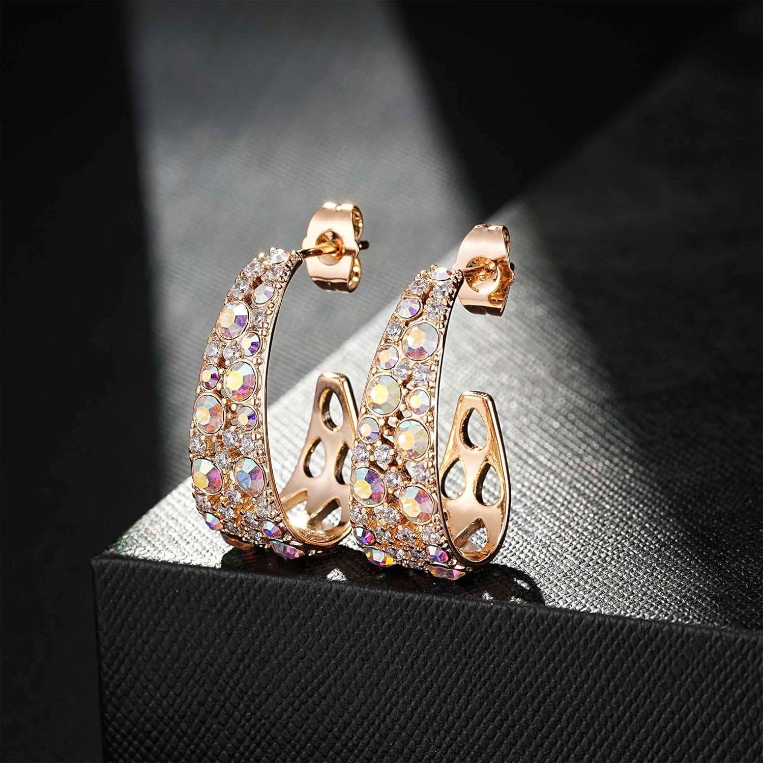 EVEVIC Stunning Multicolor Austrian Crystal Chunky Hoop Earrings for Women 14K Gold Plated Hypoallergenic Half Hoop Earring Trendy Jewelry Gift - Image 5