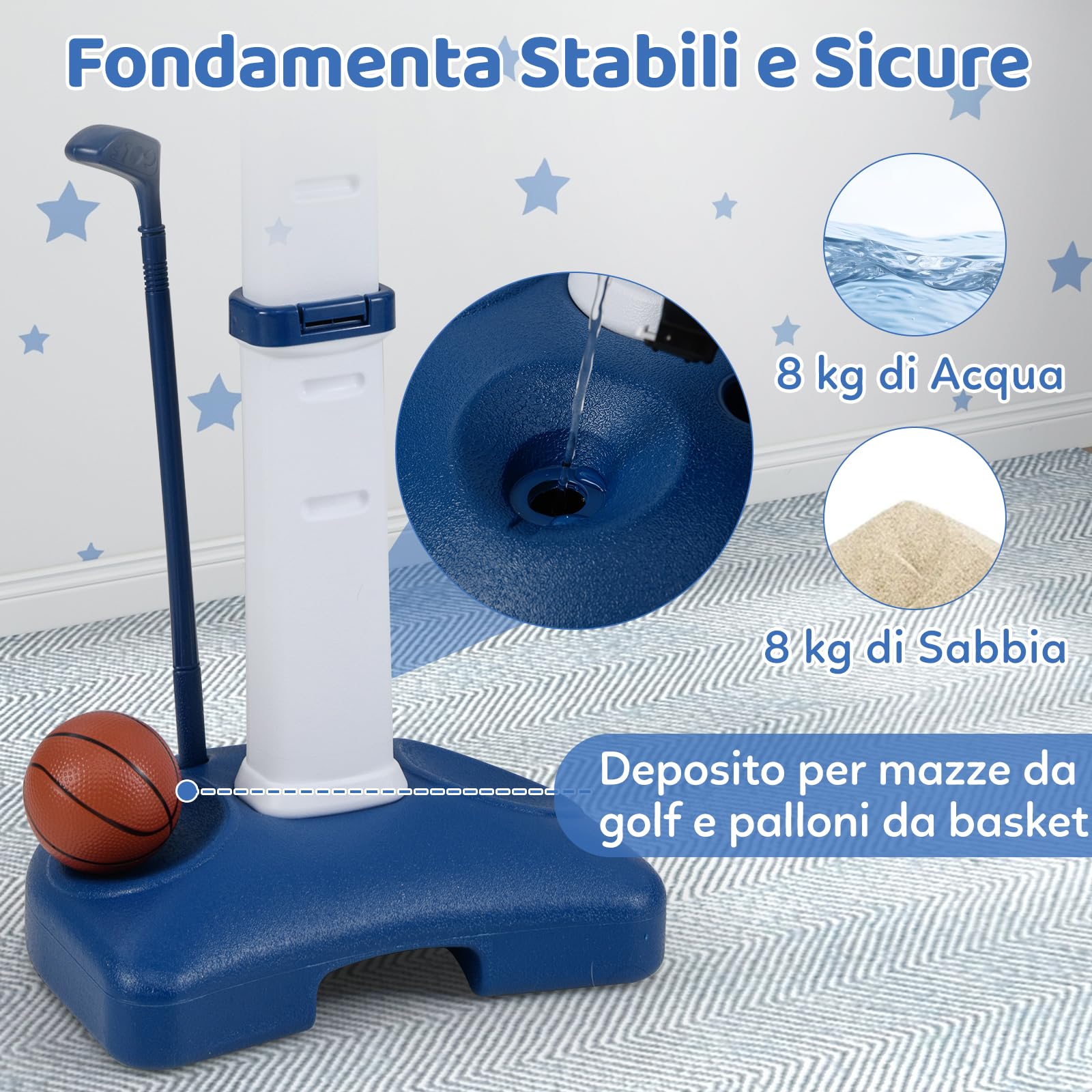 RELAX4LIFE Canestro da Basket 4 in 1 con Pallone da Basket, 2 Palline Adesive, 2 Palline da Golf, Bastone da Golf e 2 Anelli, Base riempibile, Set di Canestro Interno per Bambini 3 Anni＋