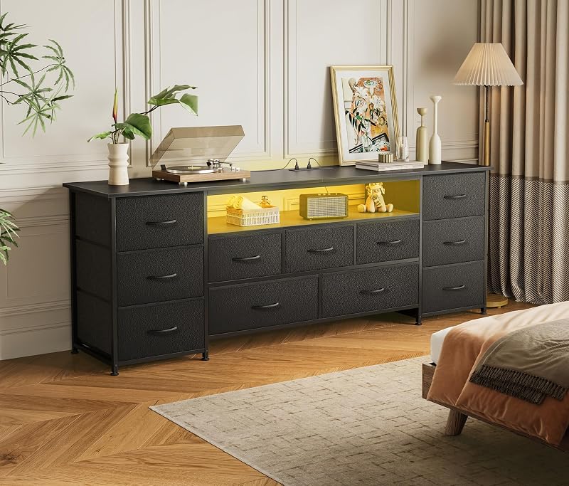 Huuger 63 Inch TV Stand for 65, 70 Inch TV, 11 Drawer Long Dresser with Power Outlets and LED Lights, Entertainment Center with Storage, Black Dresser with PU Leather Surface image 7