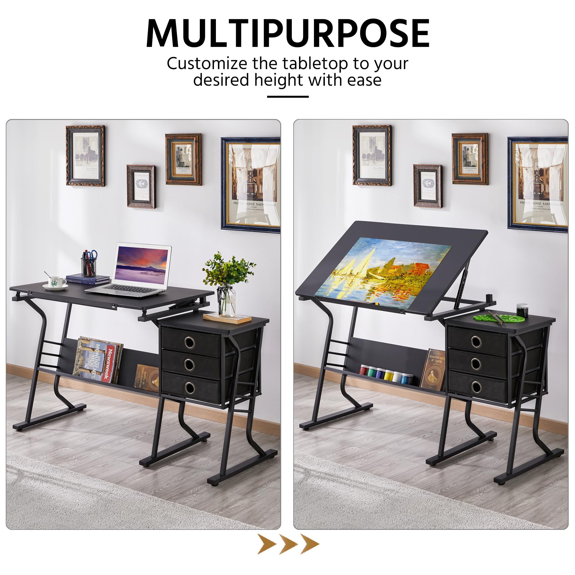 Tavolo da Disegno in MDF e Acciaio per Arte con Cassetti Sgabello Regolabile in Altezza Scrivania da Lavoro Artistica con Angolo Inclinabile Nero