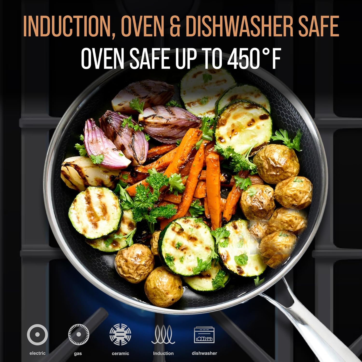 Stainless Steel Frying Pan Set, Sartenes de Acero Inoxidable 3-Piece Honeycomb Nonstick Skillets 8", 10", 12" With Lids, Spatula, Oven & Induction Compatible, Dishwasher Safe Pan Set - Image 7