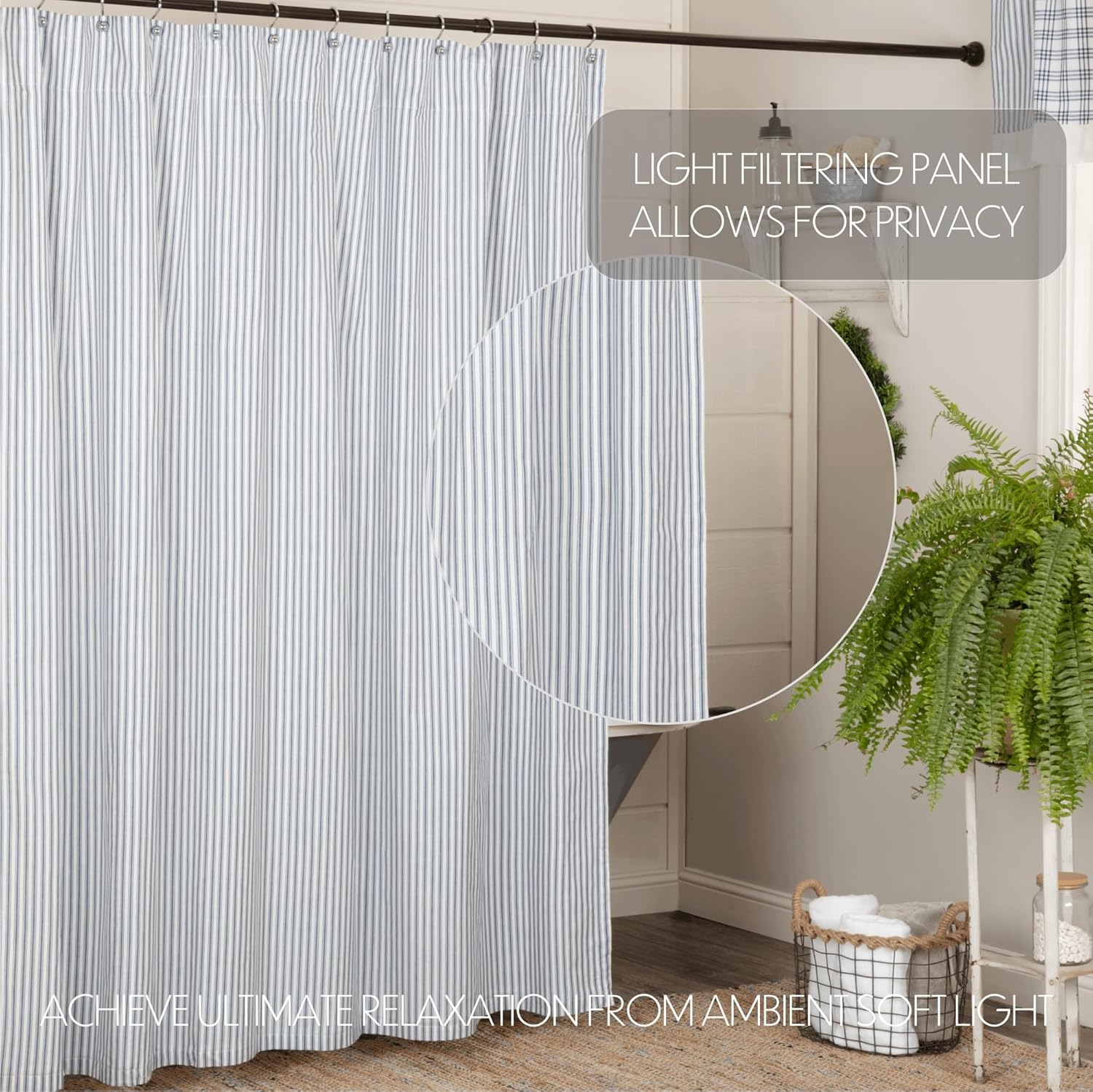 VHC Brands Sawyer Mill Blue Decorative Farmhouse Ticking Stripe Buttonholes 72x72 Shower Curtain