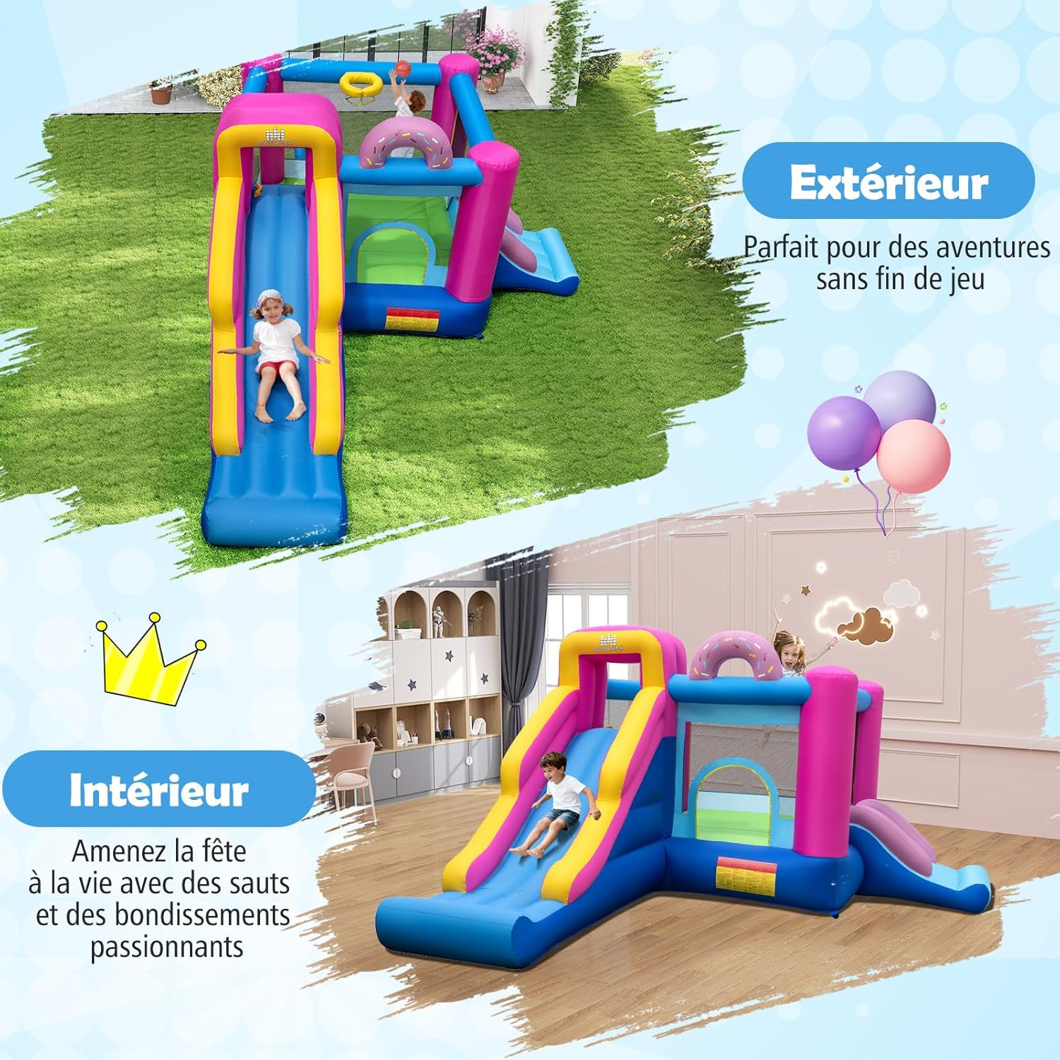 COSTWAY Donut Themed Inflatable Castle with 2 Slides and Jumping House, Inflatable Playground with Climbing Wall and Basketball Basket, Indoor Outdoor Up to 2 Children 3-12 Years Old