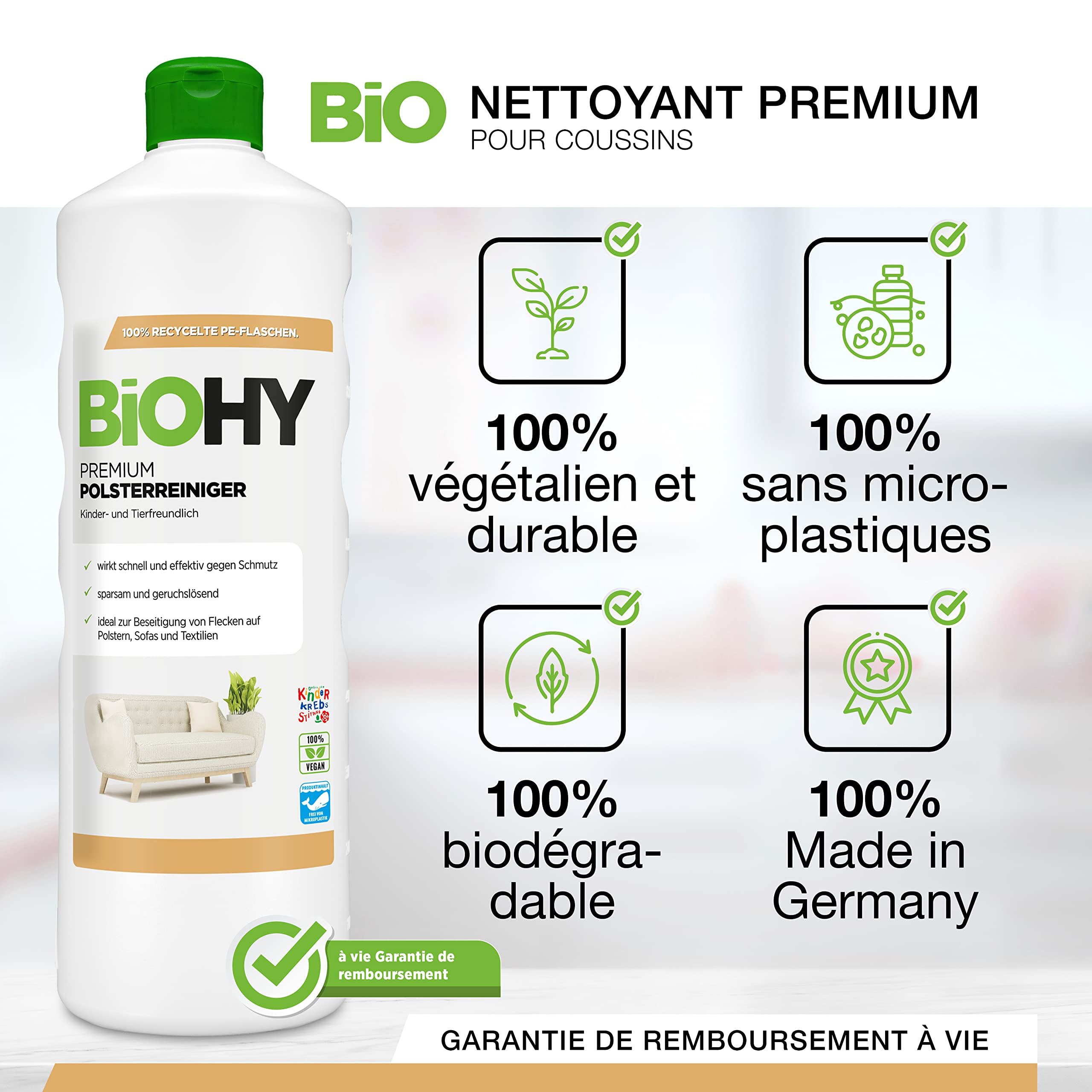 BiOHY Nettoyant premium pour tissus d'ameublement (Bouteille de 1l) + Distributeur | Bio concentré pour meubles rembourrés, canapés, tapis & textiles | détachant désodorisant (Premium Polster)