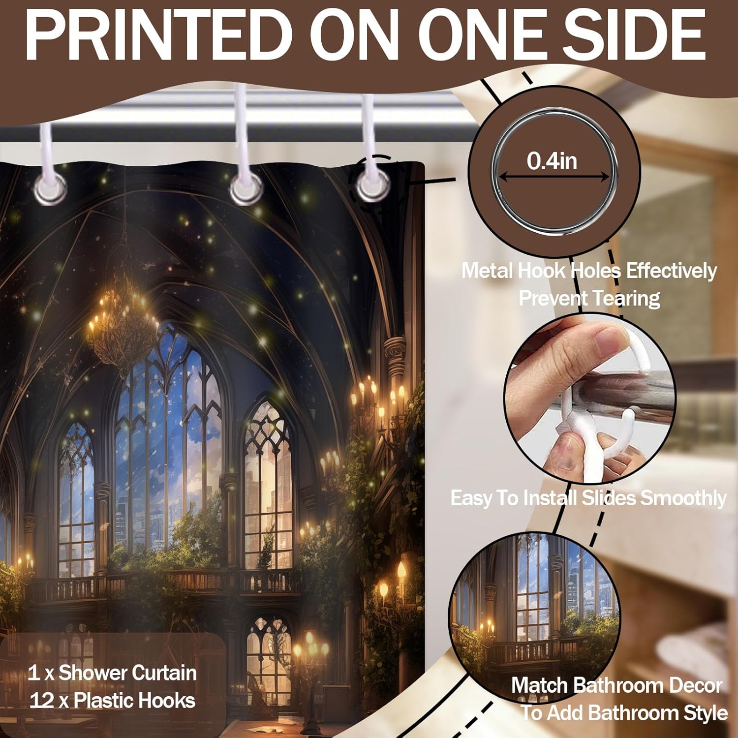Library Shower Curtain Bookshelf School Medieval Magic Book Bathroom Decor, Waterproof Fabric with Hooks 70" W X 78" L