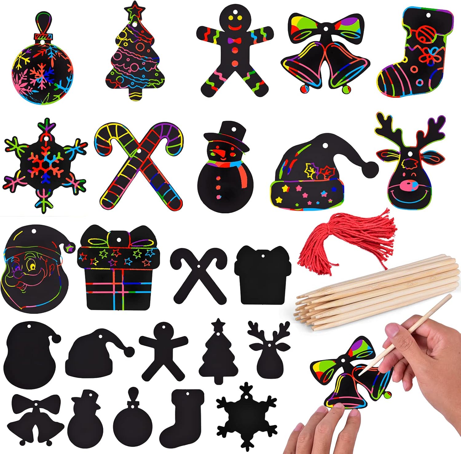 FUN LITTLE TOYS Christmas Scratch Art for Kids, 60 Pcs Christmas Scratch Off Cards Kit with Drawing Sticks & Cords, Magic Rainbow Scratch Paper Art Ornaments Sets, Holiday Party Favors Supplies Toys : Toys & Games
