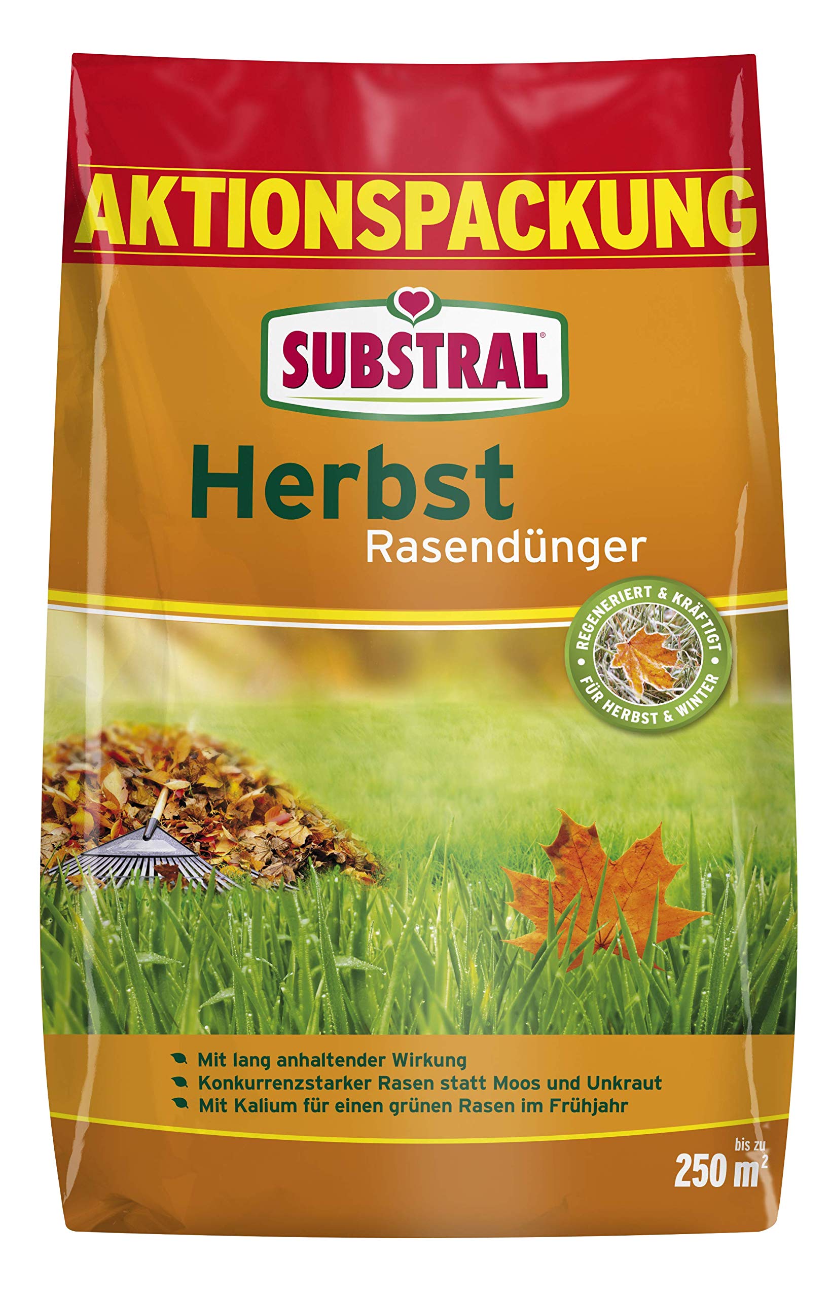 Ein Beutel SUBSTRAL Herbst Rasendünger mit leuchtend gelber und grüner Aufschrift, gefallenen Herbstblättern und Produktinformationen in deutscher Sprache. Die Verpackung hebt die lang anhaltende Wirkung und die Moosvorbeugung hervor.