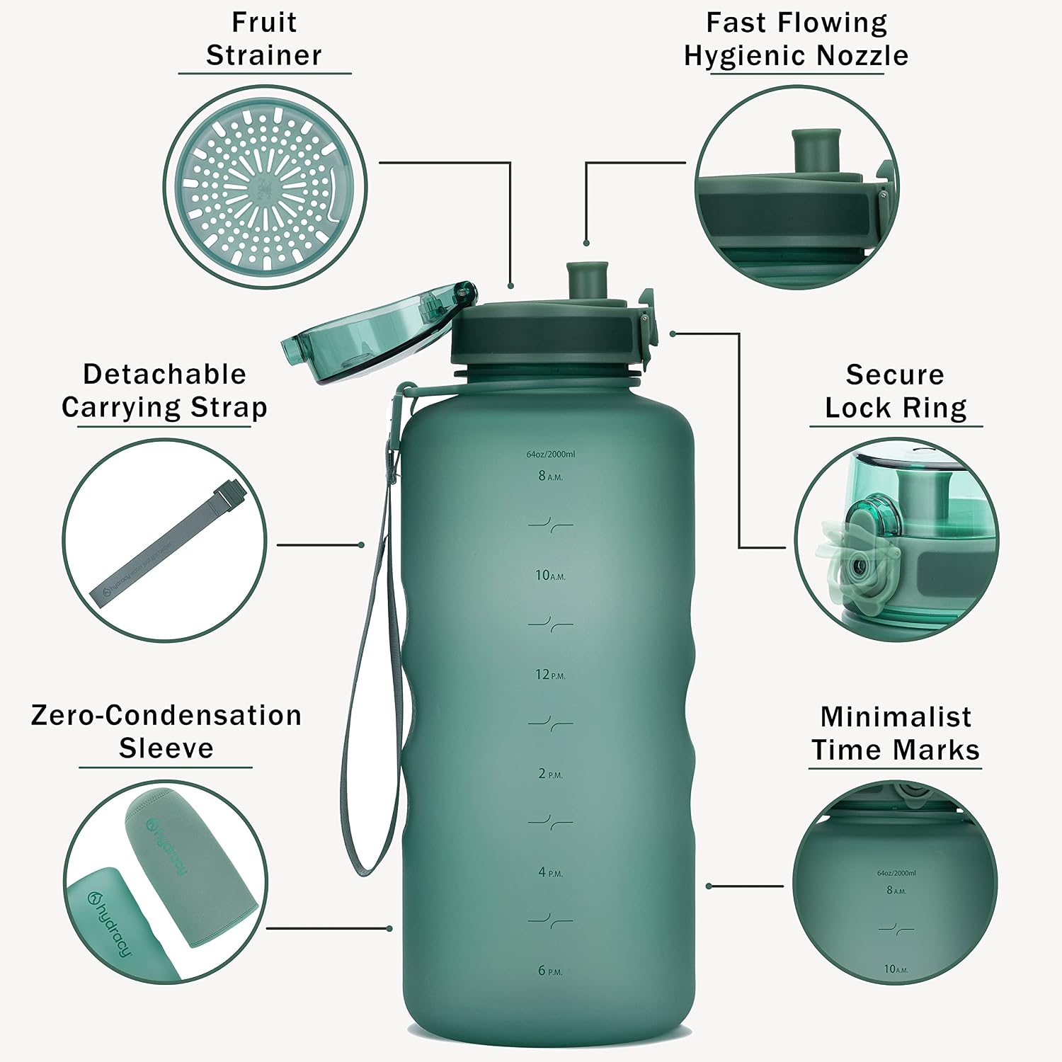 Hydracy Water Bottle with Time Marker -Large 2 Litre BPA Free Water Bottle & No Sweat Sleeve -Leak Proof Gym Bottle with Fruit Infuser Strainer & Times to Drink -Ideal for Fitness Sport & Outdoor - Image 4