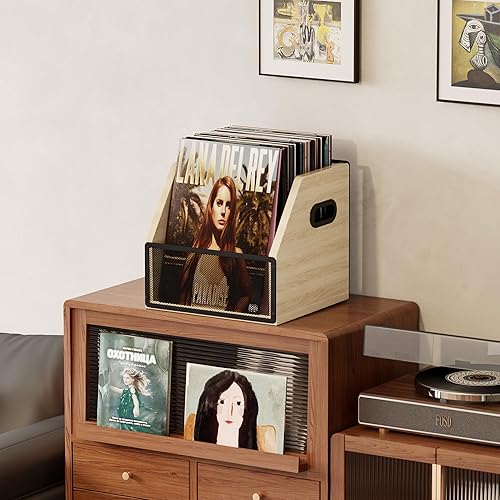 Miniatura 5 de Homeiju Almacenamiento de discos de vinilo, caja de discos de metal y madera, con capacidad para hasta 60 álbumes, color beige