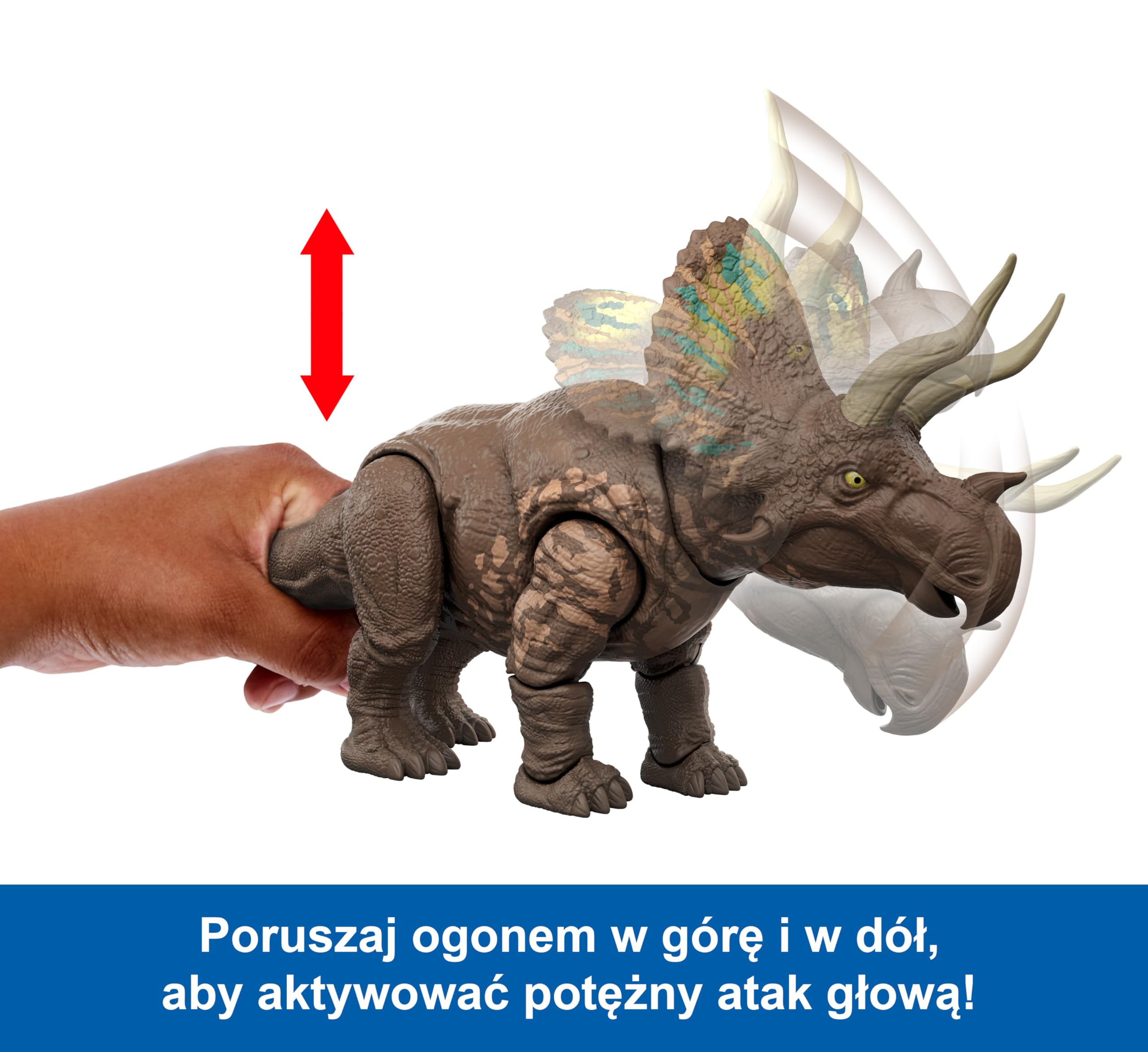 Mattel Jurassic World: Odrodzenie Dinozaur Gigantyczny atak Eotriceratops Figurka dinozaura z 2 atakami aktywowanymi ogonem, zabawka dinozaur dla dzieci, zabawa realna i wirtualna, JGB93
