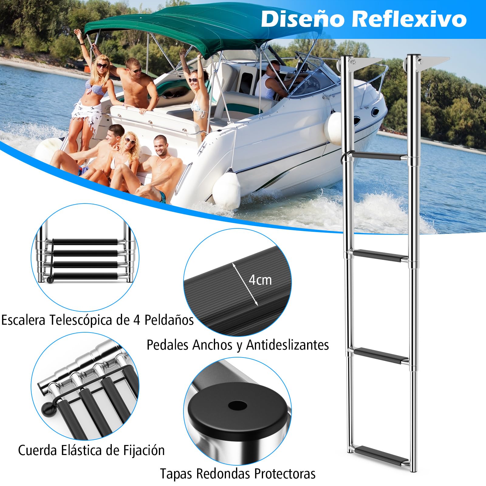 COSTWAY Escalera Telescópica para Barcos de 4 Escalones, Escalera de Barco Extensible Plegable, de Acero Inoxidable Resistente para Pontones, Yates con Capacidad de 227 Kg