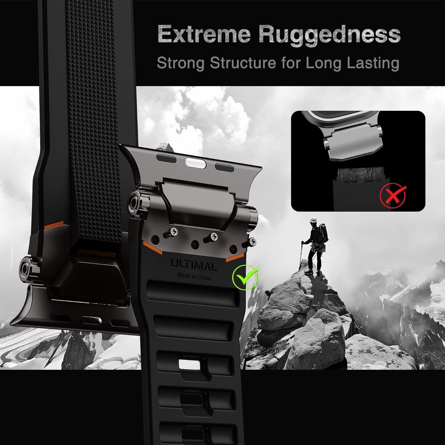 ULTIMAL Sport Band for Apple Watch 49mm/46mm/45mm/44mm, Soft TPU Strap with Stainless Steel Buckle & Connectors, Sweat-Resistant, Easy to Clean, Fits 155-225mm Wrist, for Apple watch Ultra 3/2/1, SE 3/2/1, Series 11/10/9/8/7/6/5/4 (Black/Black) - Image 3