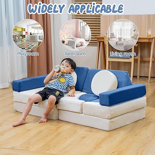 Miniatura 7 de Sofá infantil de 13 piezas, relleno de esponja, sofá para niños con funda de terciopelo lavable para niños y niñas, azul y beige