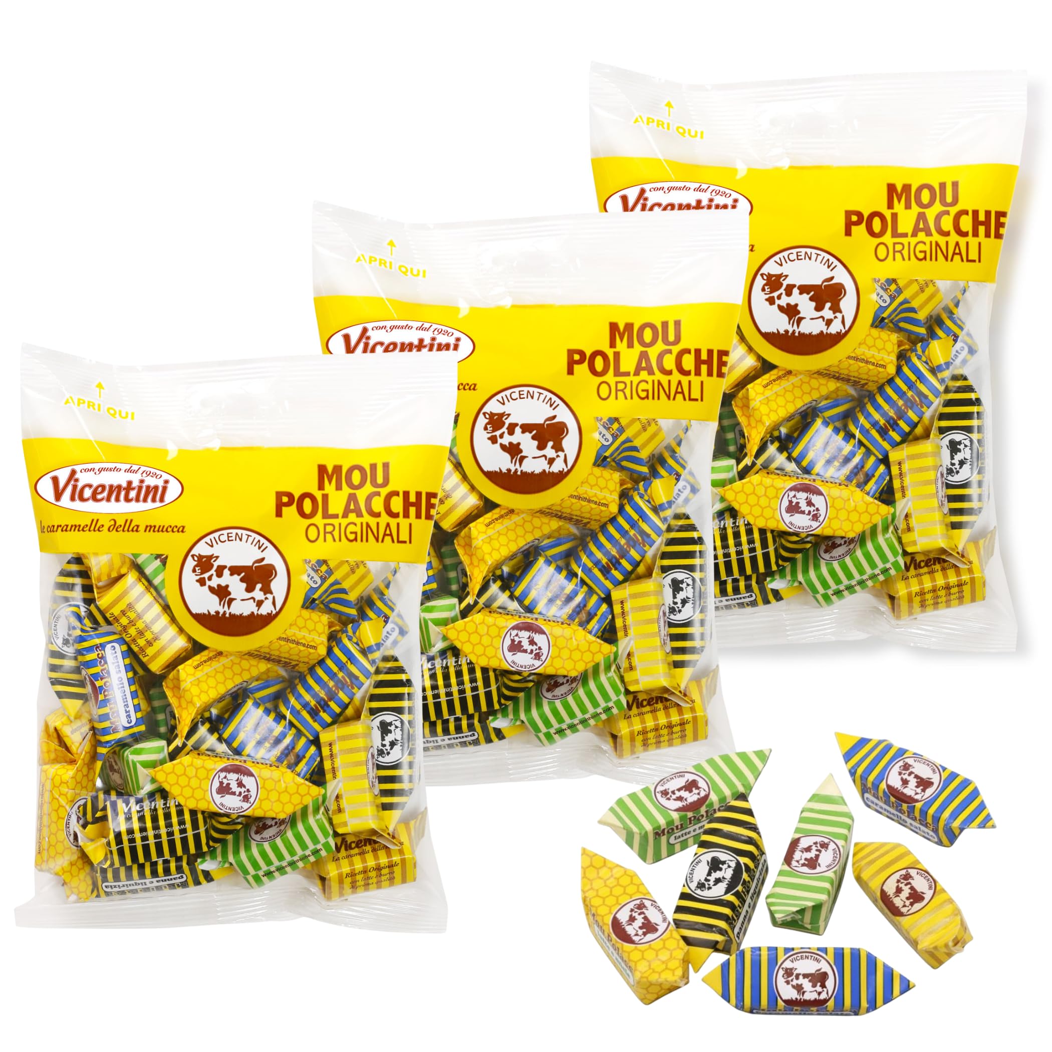 Vicentini Caramelle Mou Polacche 1,2 Kg assortite ai gusti: Latte Tradizionale, Latte e Miele, Panna e Liquirizia, Caramello Salato