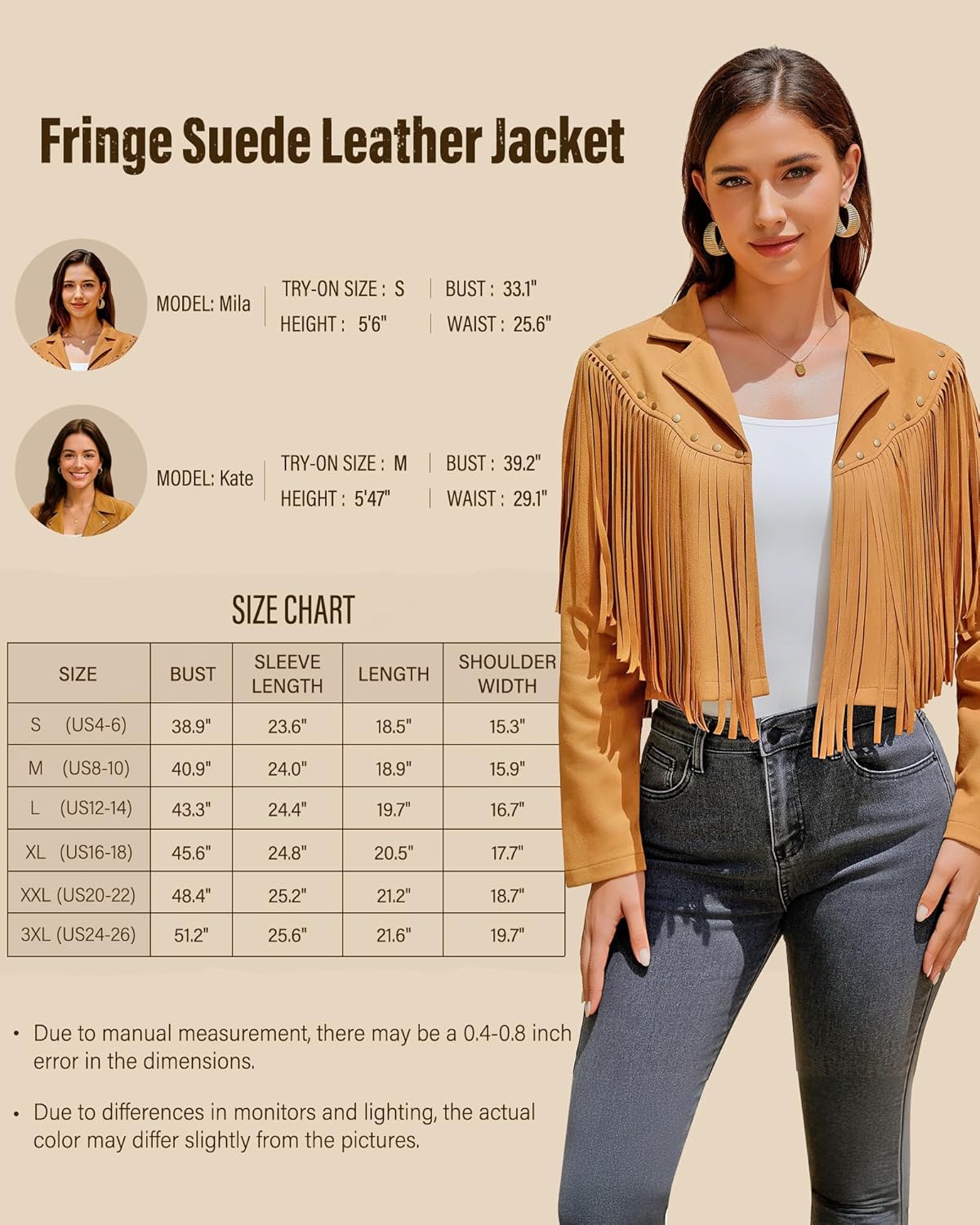 Women's Fringe Faux Suede Leather Jackets Fashion Fall Western Tassel Motorcycle Cropped Open Front Coats with Rivets - Image 6