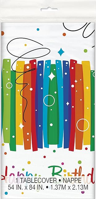 Unique Party 49563 - Plastic Rainbow Ribbons Birthday Tablecloth, 7ft x 4.5ft
