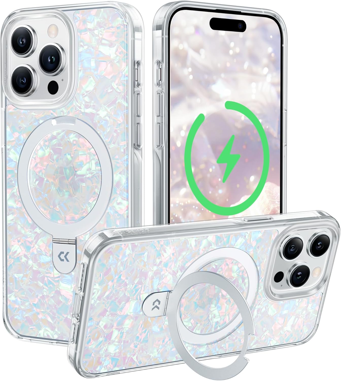 CASEKOO Pearl Shell for iPhone 14 Pro Case with Magnetic Ring Stand [Compatible with Magsafe][12 FT Military Drop Protection] Translucent Slim Phone Cover for Women, Gorgeous & Stylish(2024), White