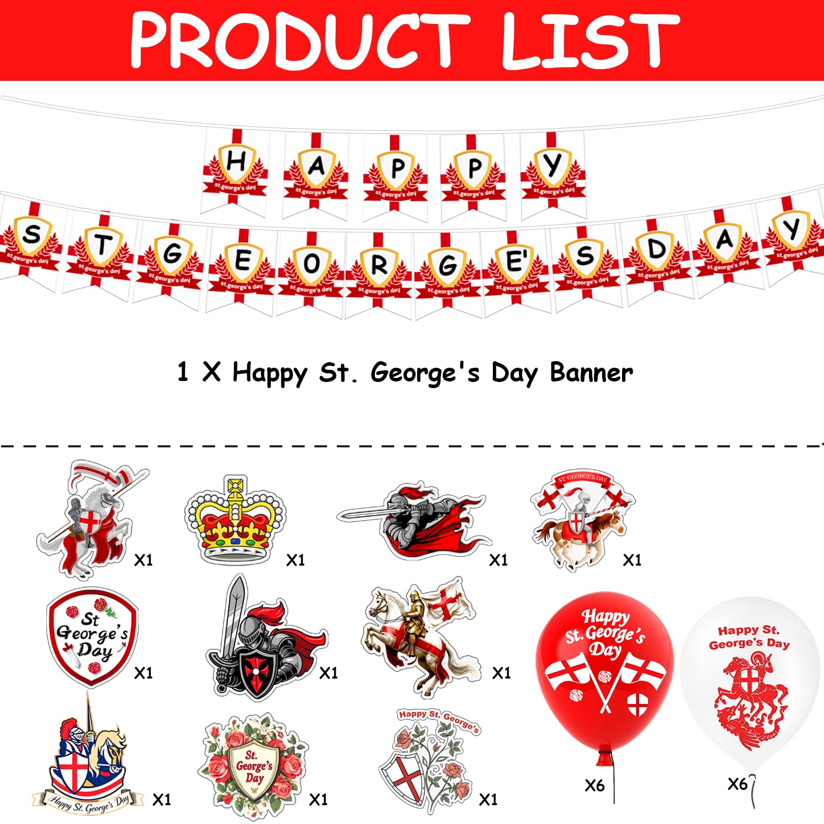 St Georges Day Decorations - Happy St. George's Day Banner, Swirls, Balloons for England National Backdrop Decorations — view 3