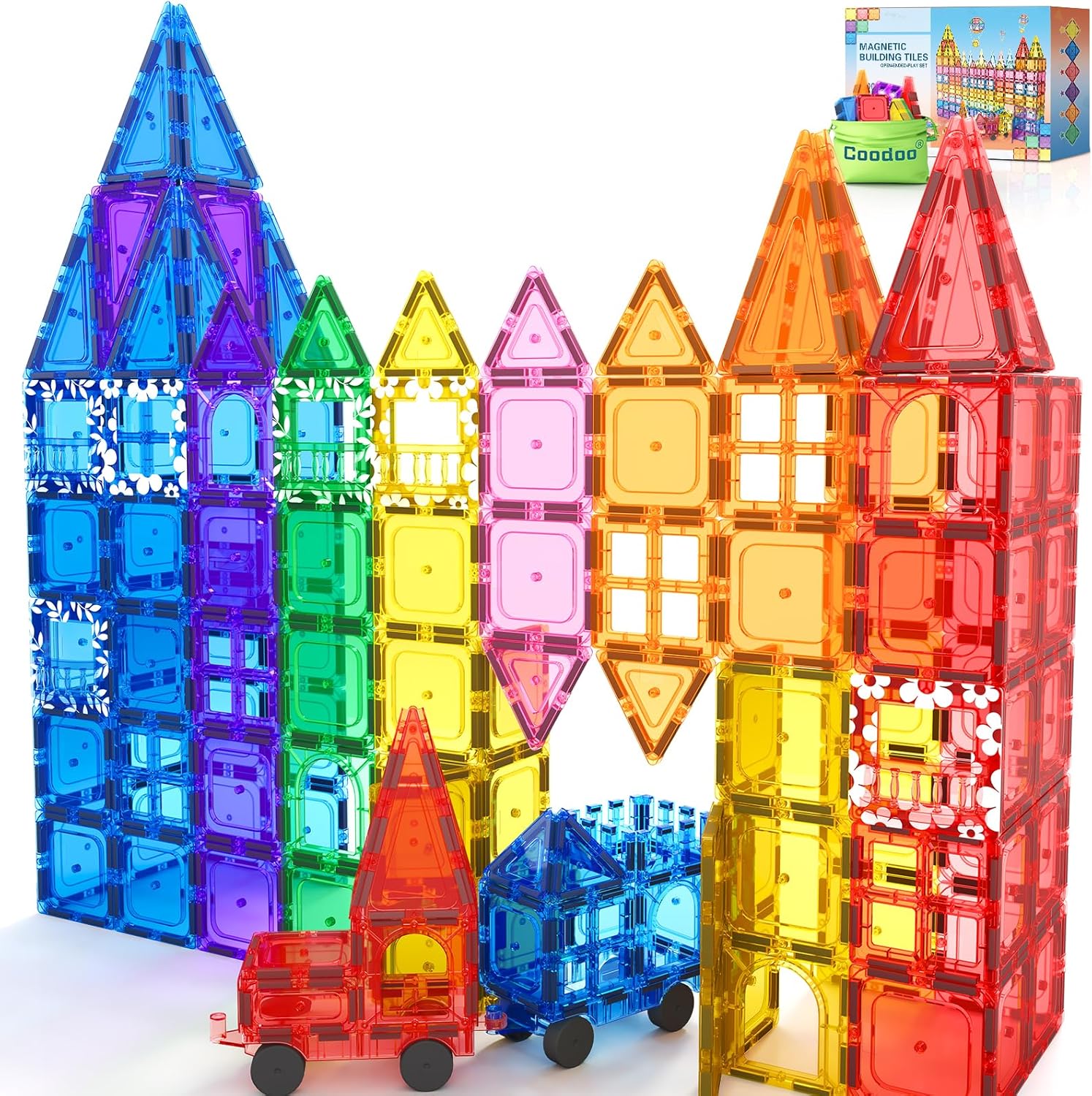 100PCS Magnetic Tiles STEM Building Toys Set with 2 Cars, Sensory Stacking Magnetic Blocks for Toddlers & Kids, Ideal for Preschool Montessori Toys Christmas Birthday Gifts for Boys & Girls Ages 3+