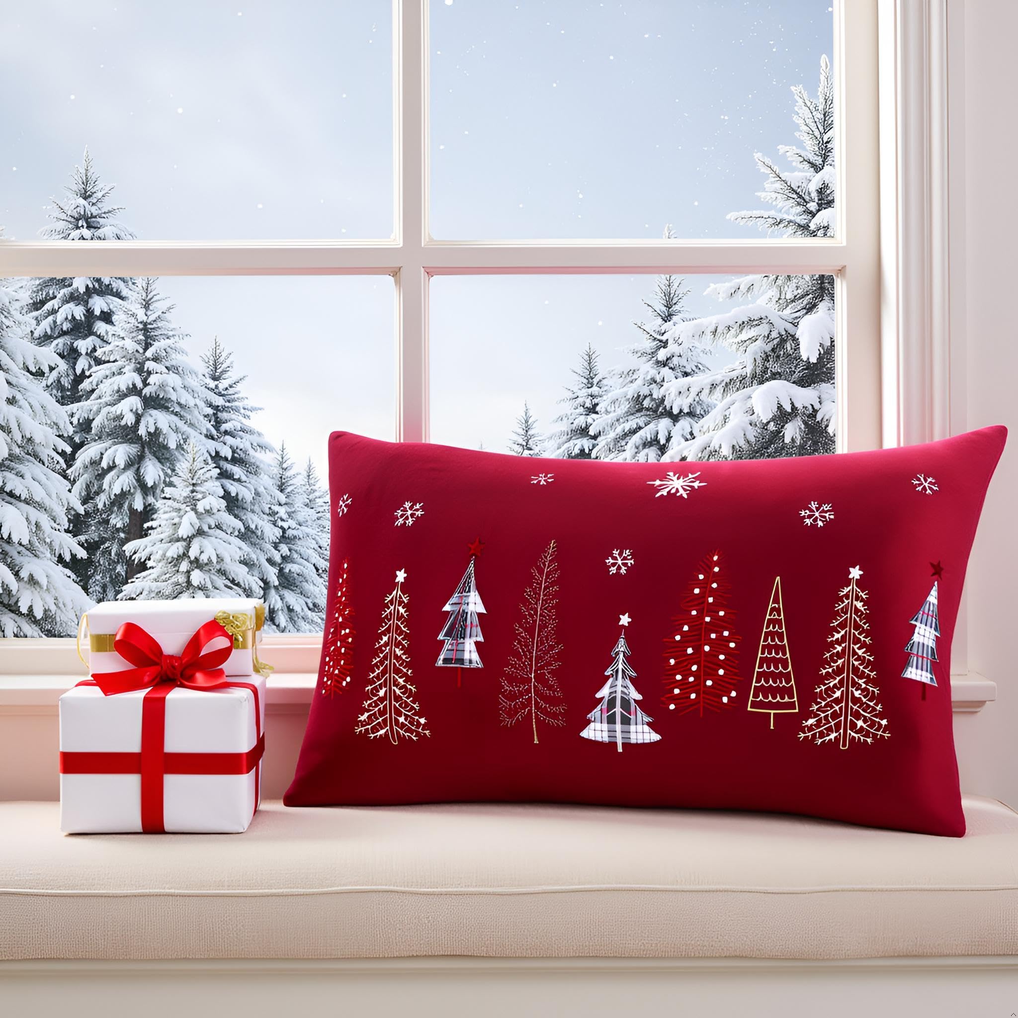 Tosleo - Juego de 2 Fundas de cojín (Terciopelo, 40 x 66 cm, Funda de Almohada, Color Rojo y Alegre Xmas, Muchos árboles de Navidad, decoración de Invierno, para sofá, Cama, Silla, salón o casa