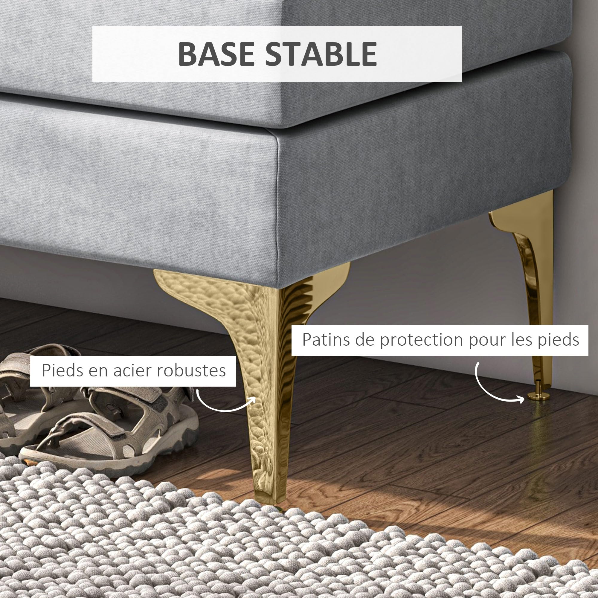 HOMCOM Banc Bout de lit Banquette Banc d'entrée Coussins d'assise Double Pieds en Acier Design Moderne Grande capacité de Charge 120 Kg 121 x 50,5 x 46,5 cm Gris Clair